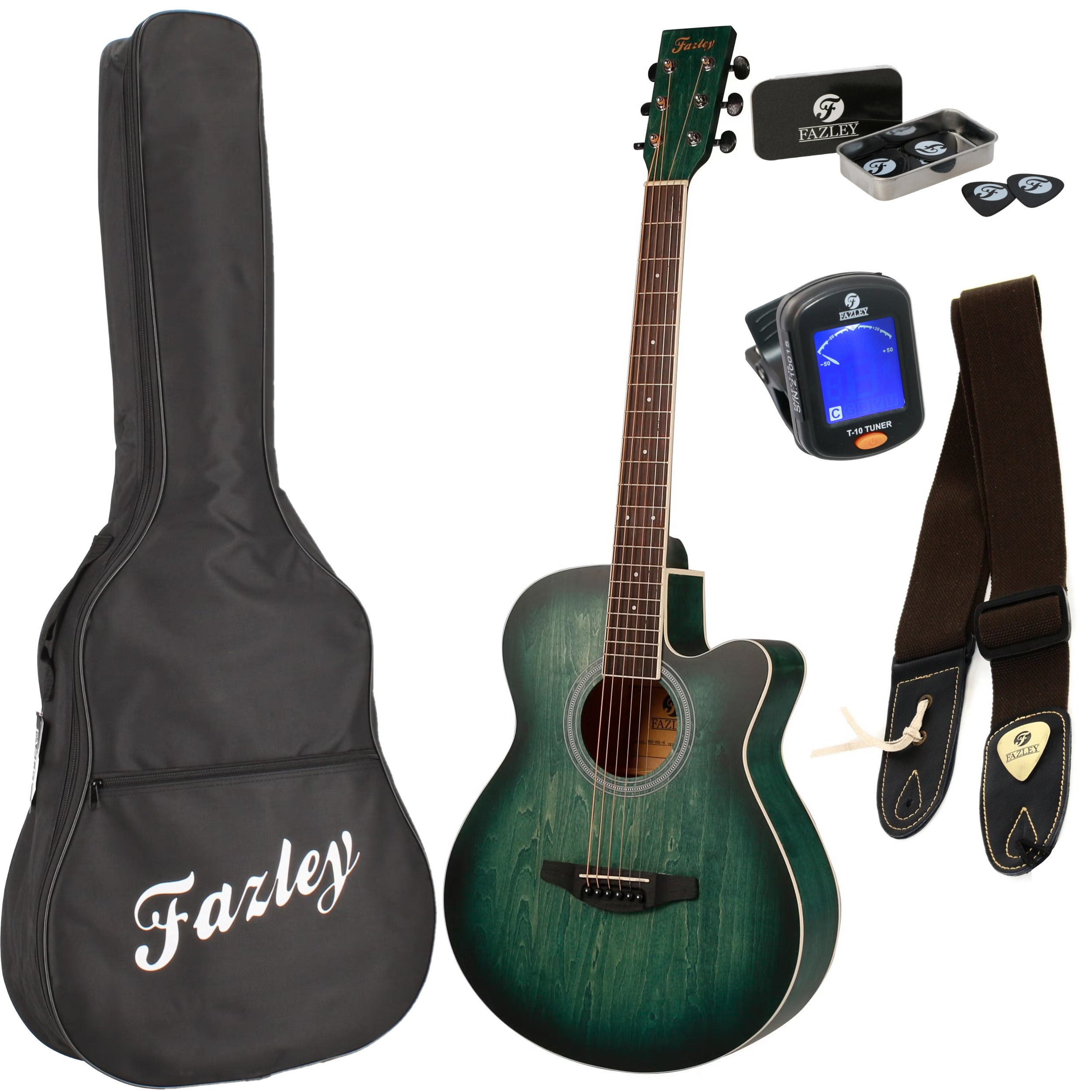 Green acoustic guitar with accessories: bag, picks, strap, tuner.