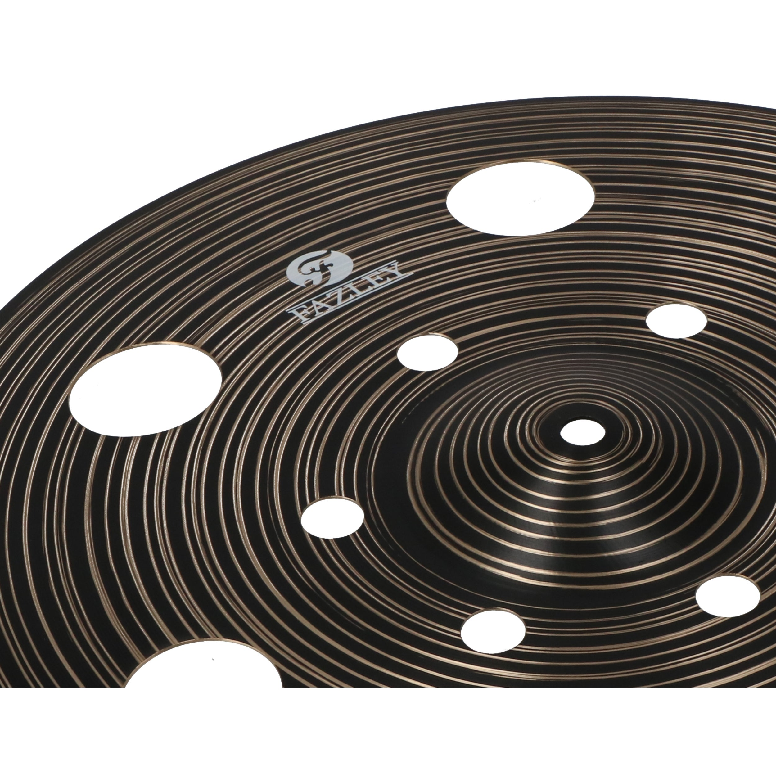 Black cymbal with concentric grooves and round holes.