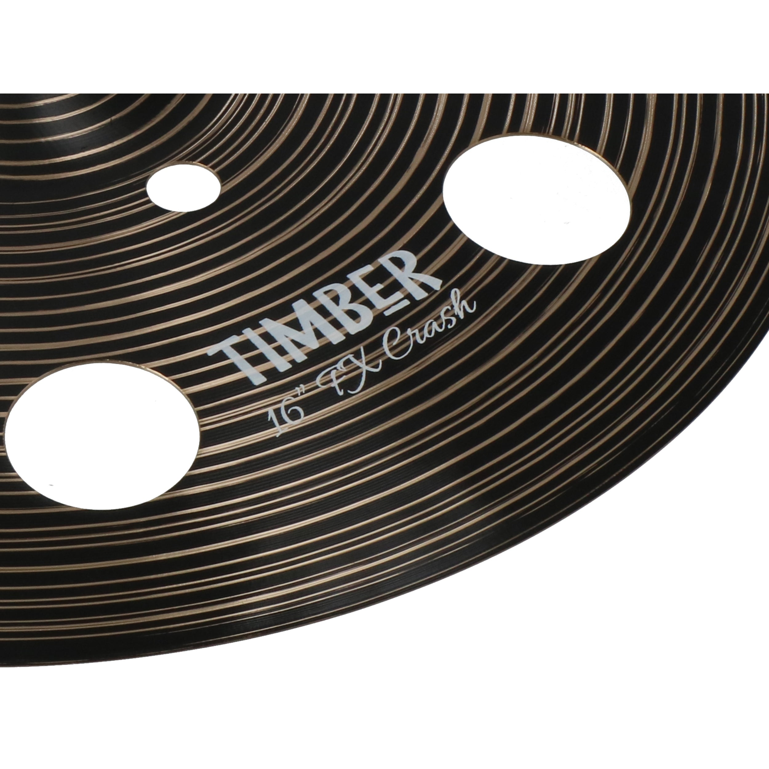 Dark crash cymbal with concentric circles and three round holes.