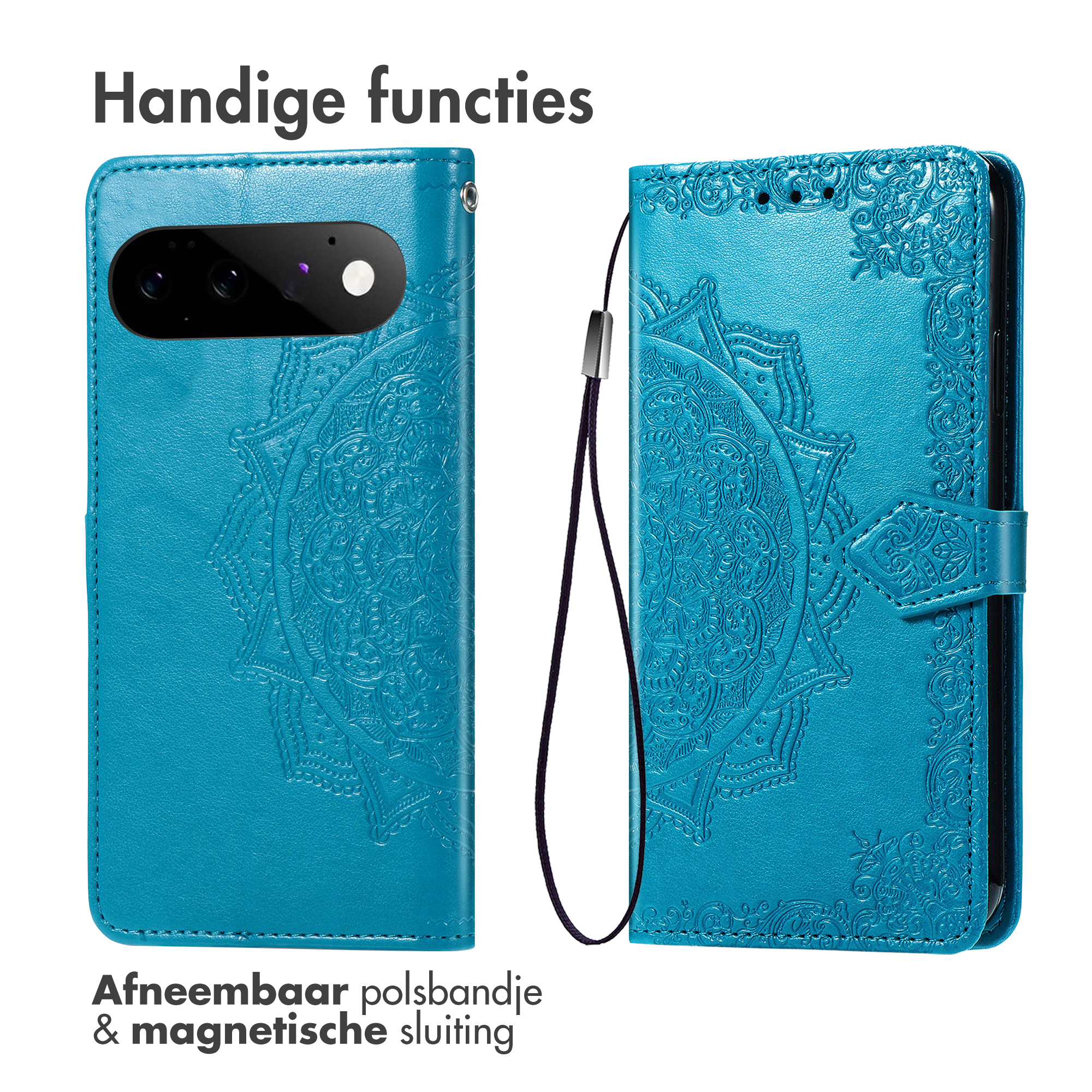 Una custodia per telefono turchese con design a mandala e cinturino.