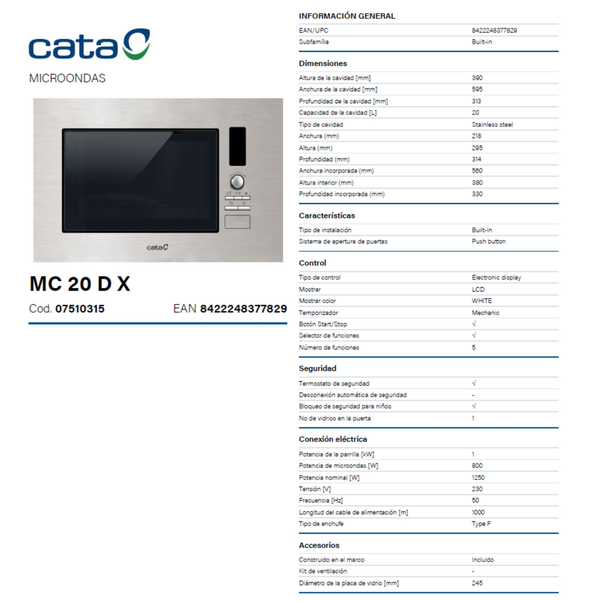 Microondas Cata de acero inoxidable con puerta negra y panel.