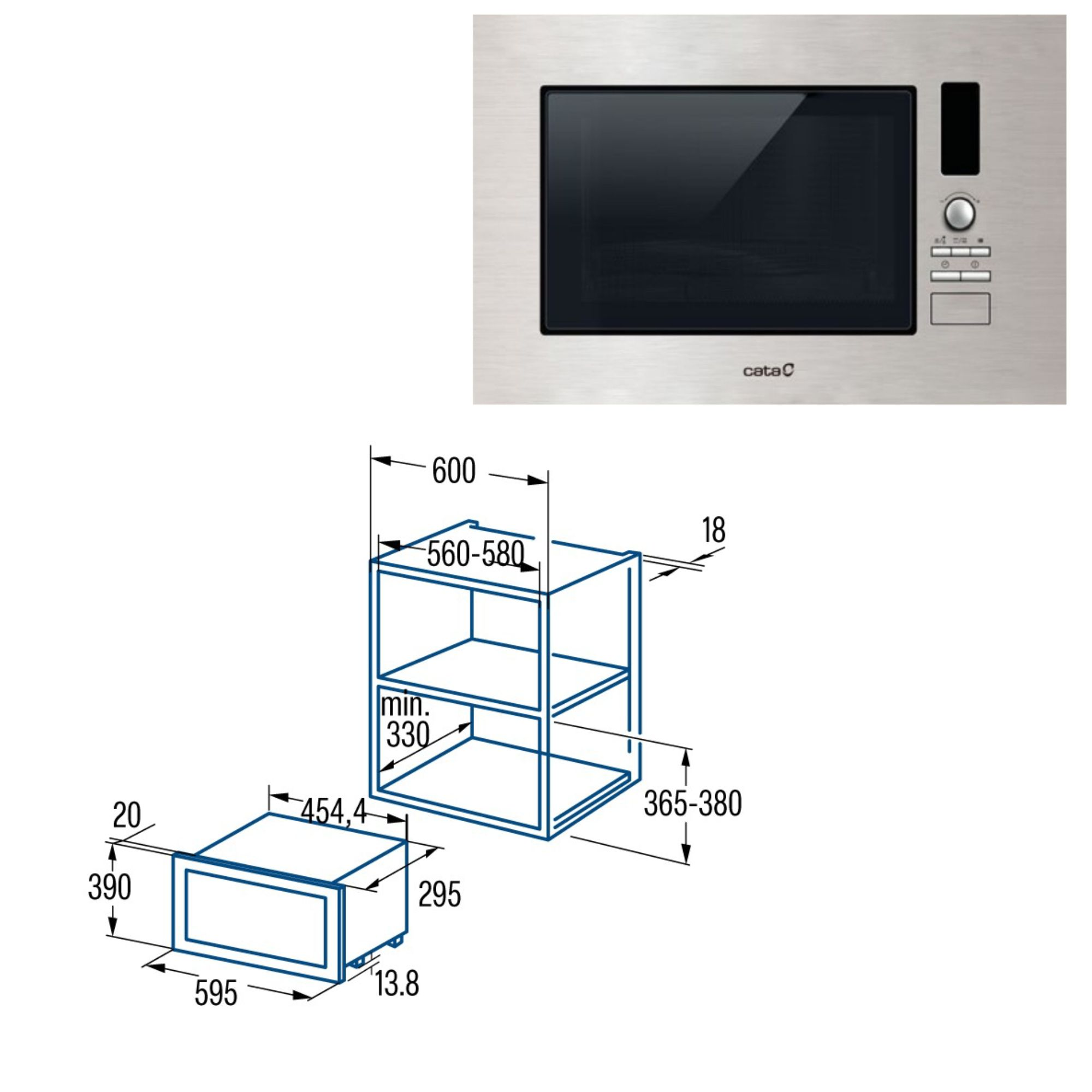 Un microondas empotrable con panel de control y dibujos detallados.