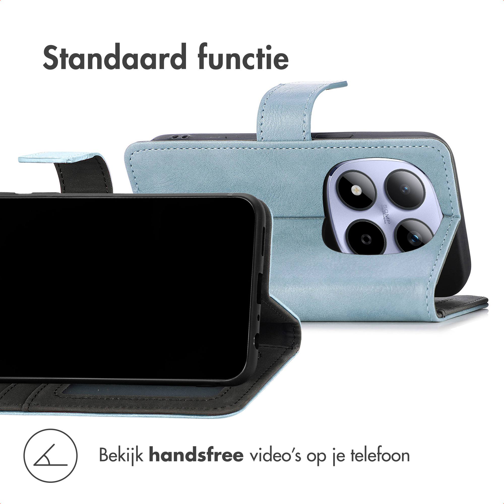 A light blue phone case showing camera cutout and a stand feature.