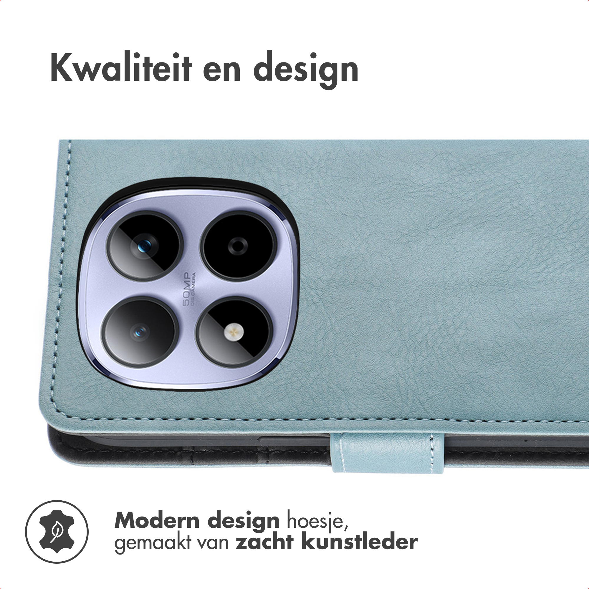 A light blue faux leather phone case with camera module and text.