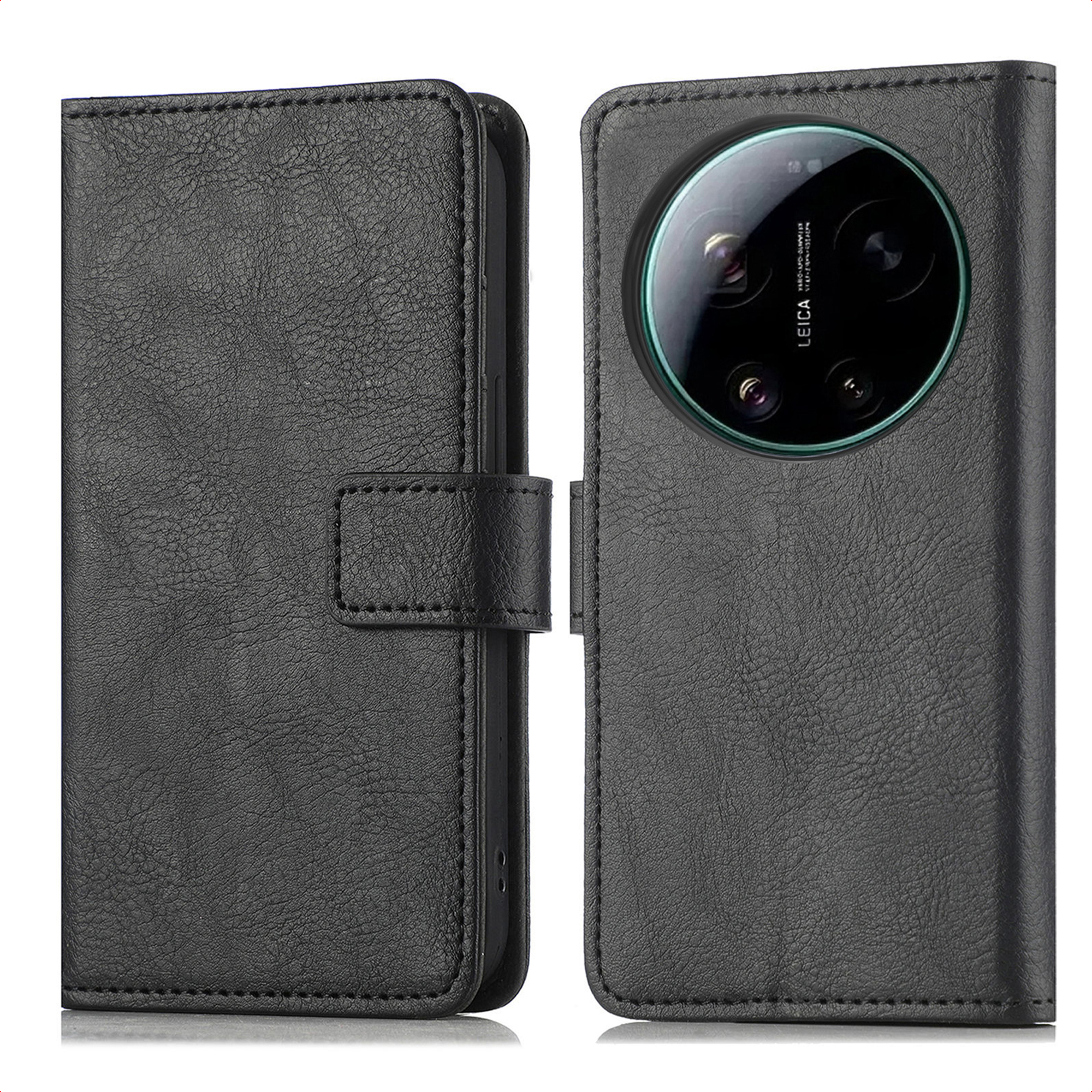 Zwart leren flip hoesje voor smartphone met camera-uitsparing.