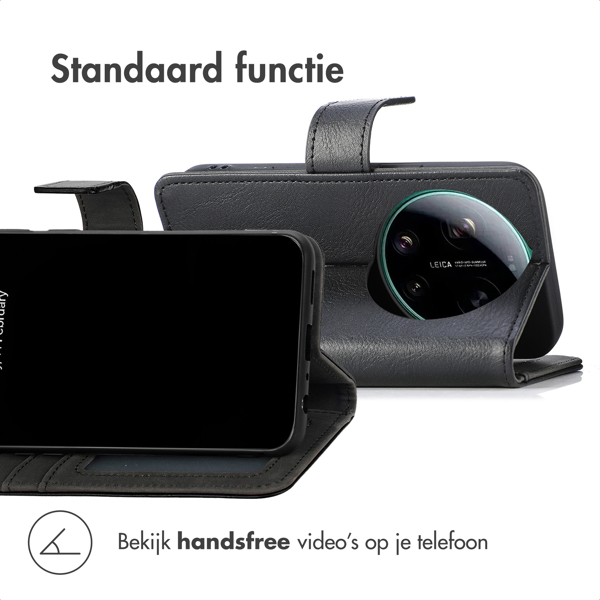 Zwarte telefoonhoes in standaardmodus met cameralens en tekst.