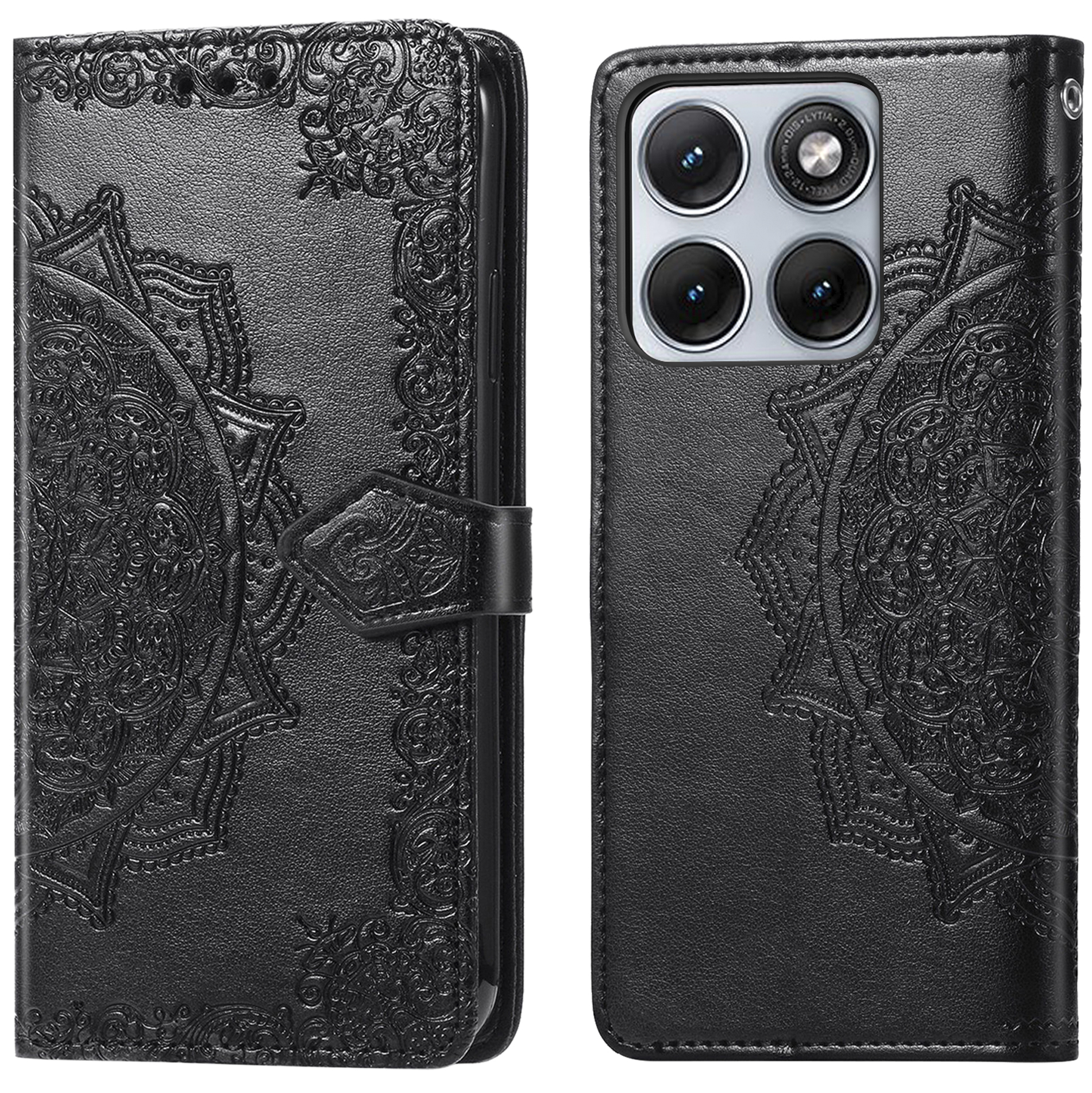 Zwart lederen flipcase met mandala-reliëf en quadcamera aan de achterkant.