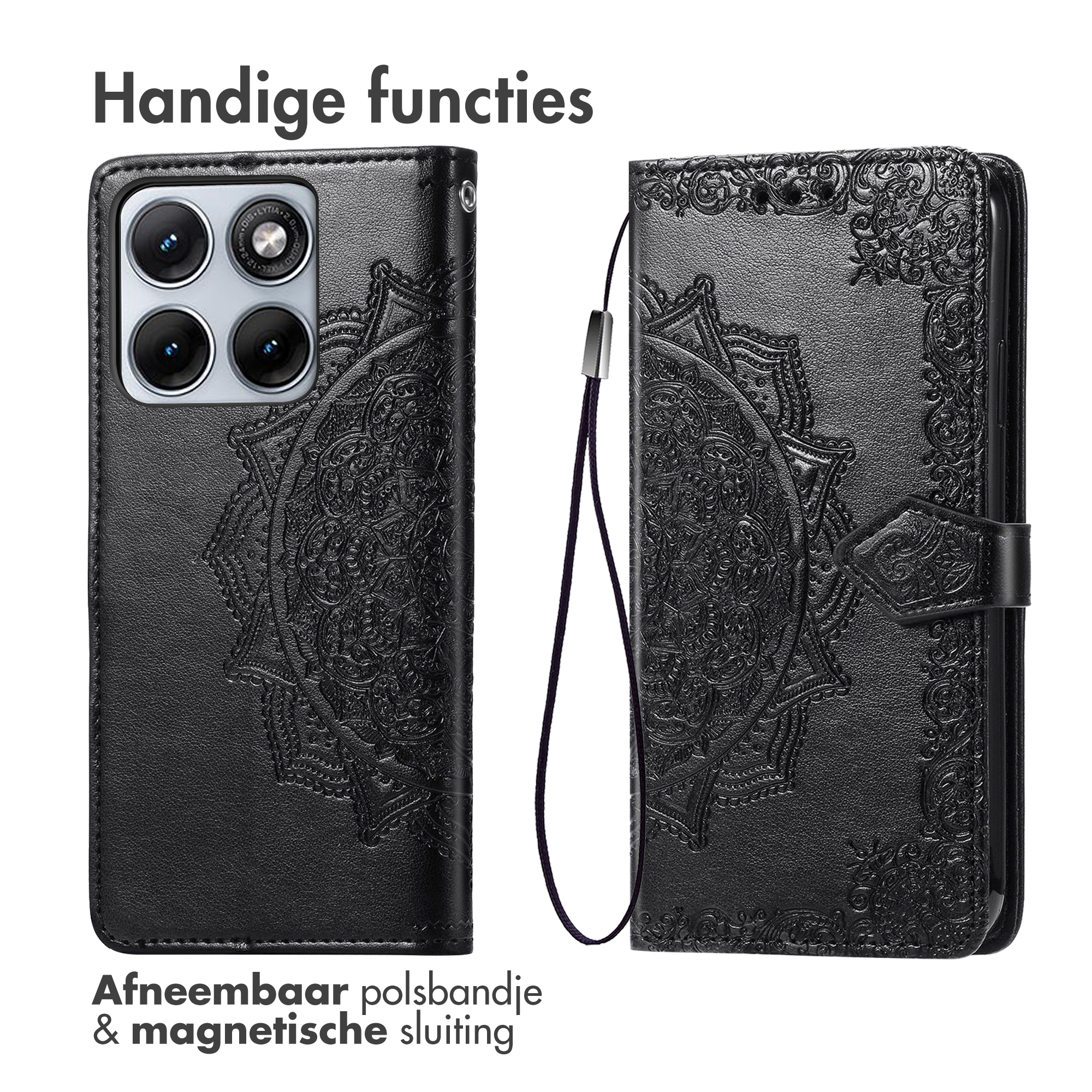 Zwart telefoonhoesje met reliëf mandala en camera-uitsparing.