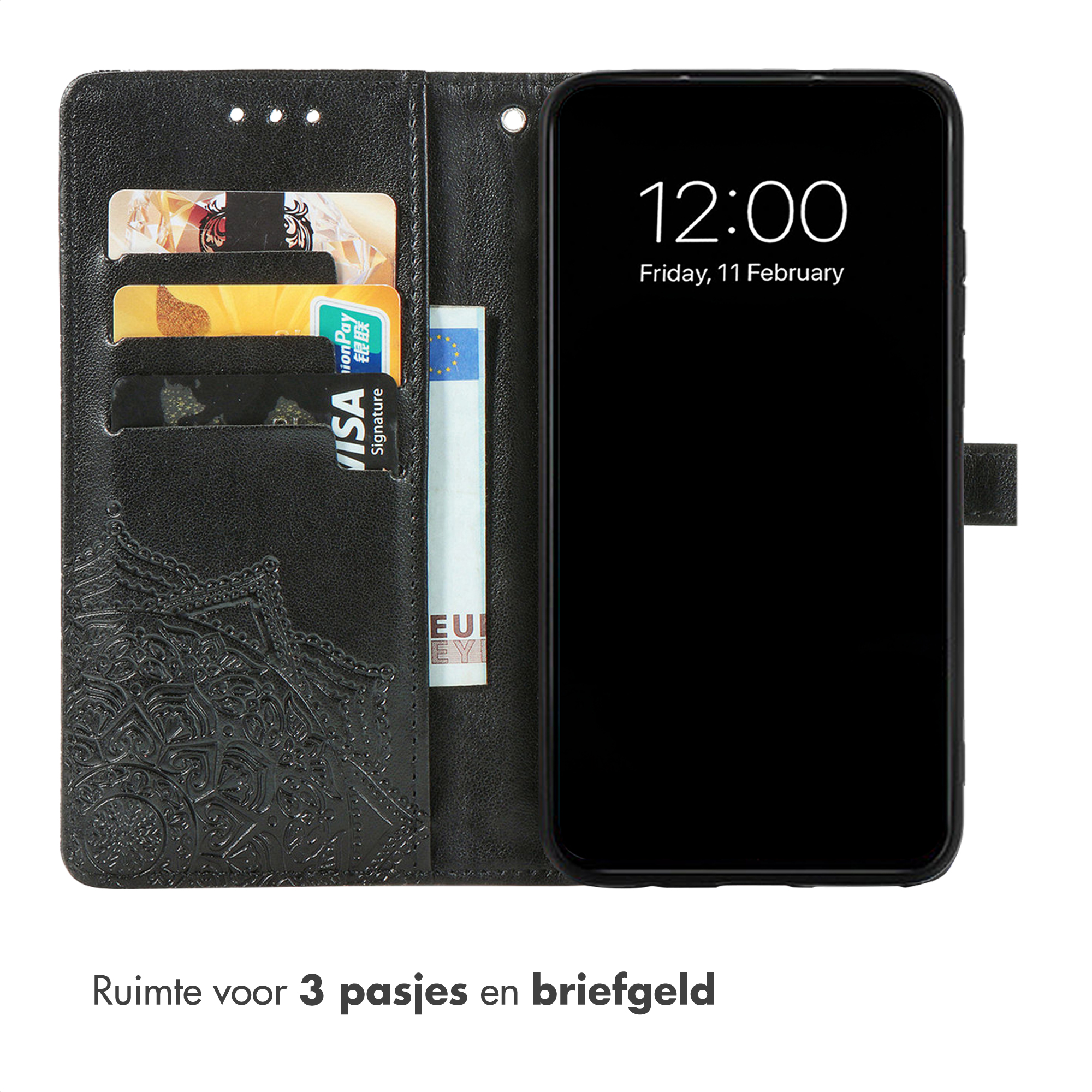 Zwart telefoonhoesje met kaarthouders, eurobiljet en tijd 12:00.