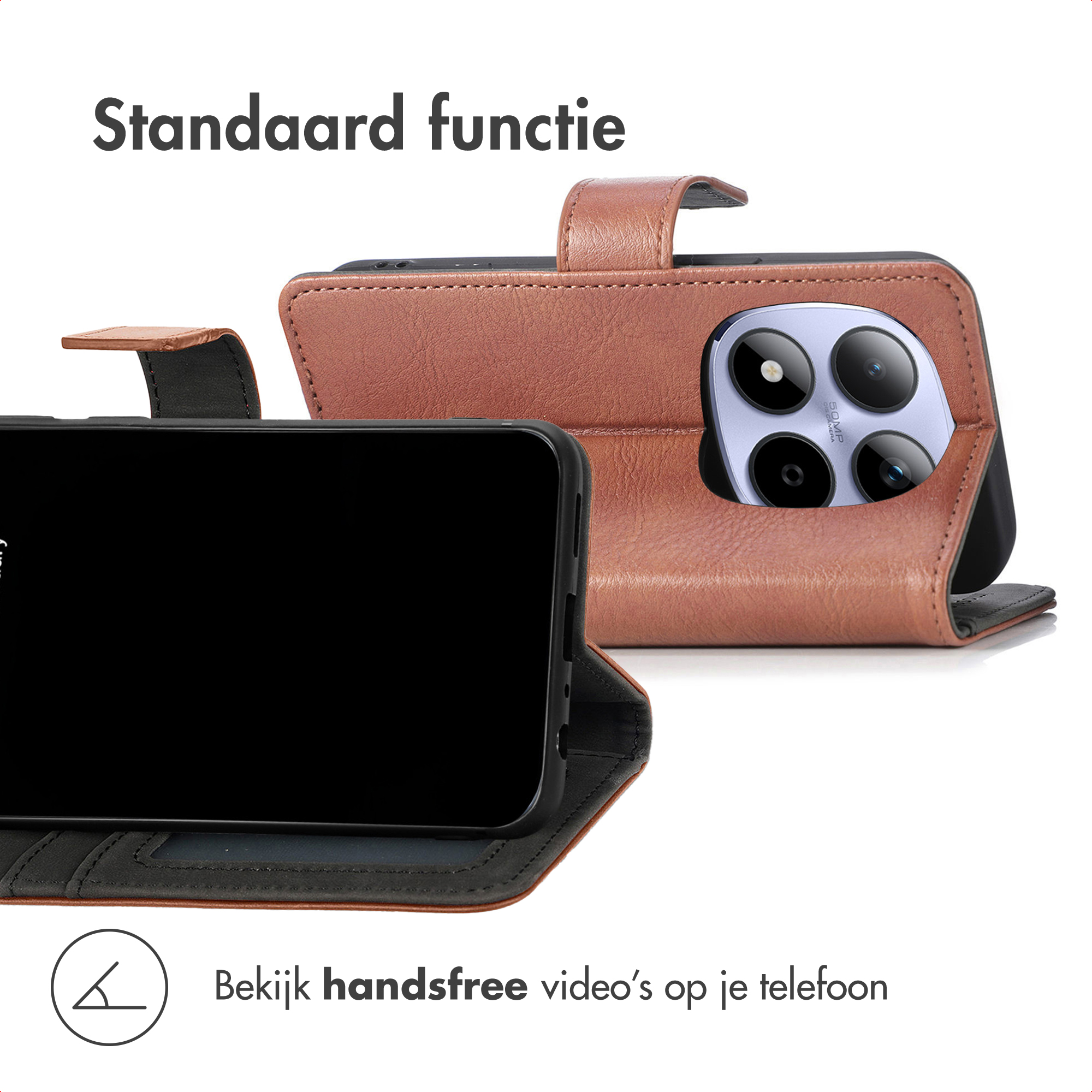 Brown leather phone case shown in a stand position.