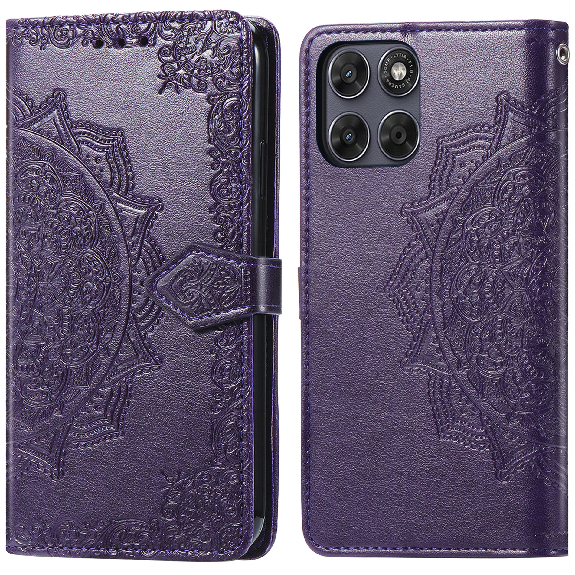 Paarse telefoonhoes met mandala-patroon, open getoond. Camera aan de achterkant.