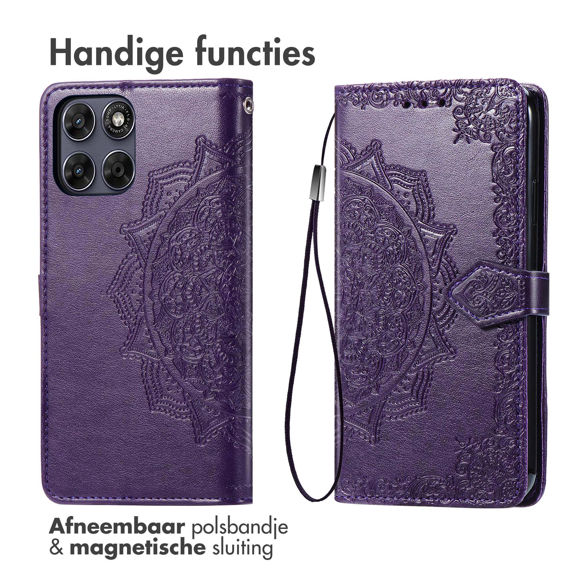 Paarse telefoonhoes met reliëf mandala, camera-uitsparing en bandje.
