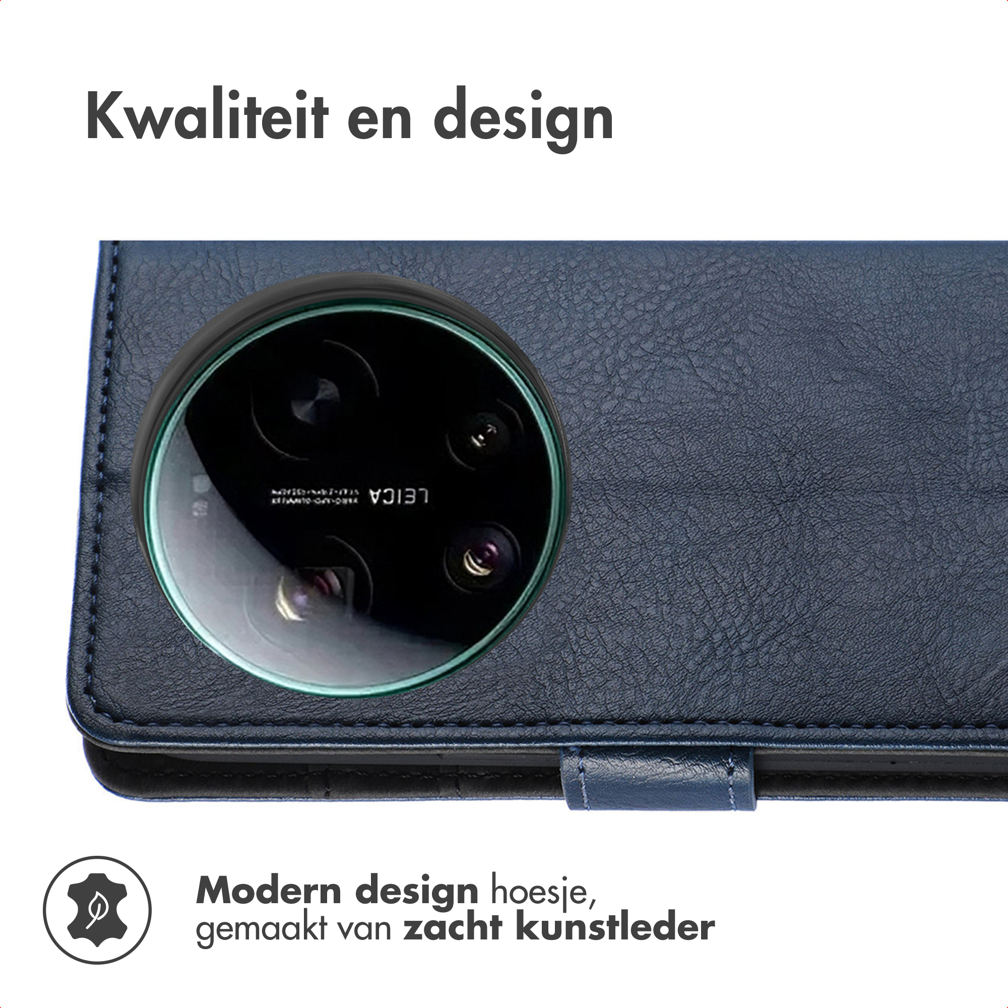 Een donkerblauwe kunstlederen telefoonhoes met camera-opening. "Kwaliteit en design" en "Modern design hoesje, gemaakt van zacht kunstleder".