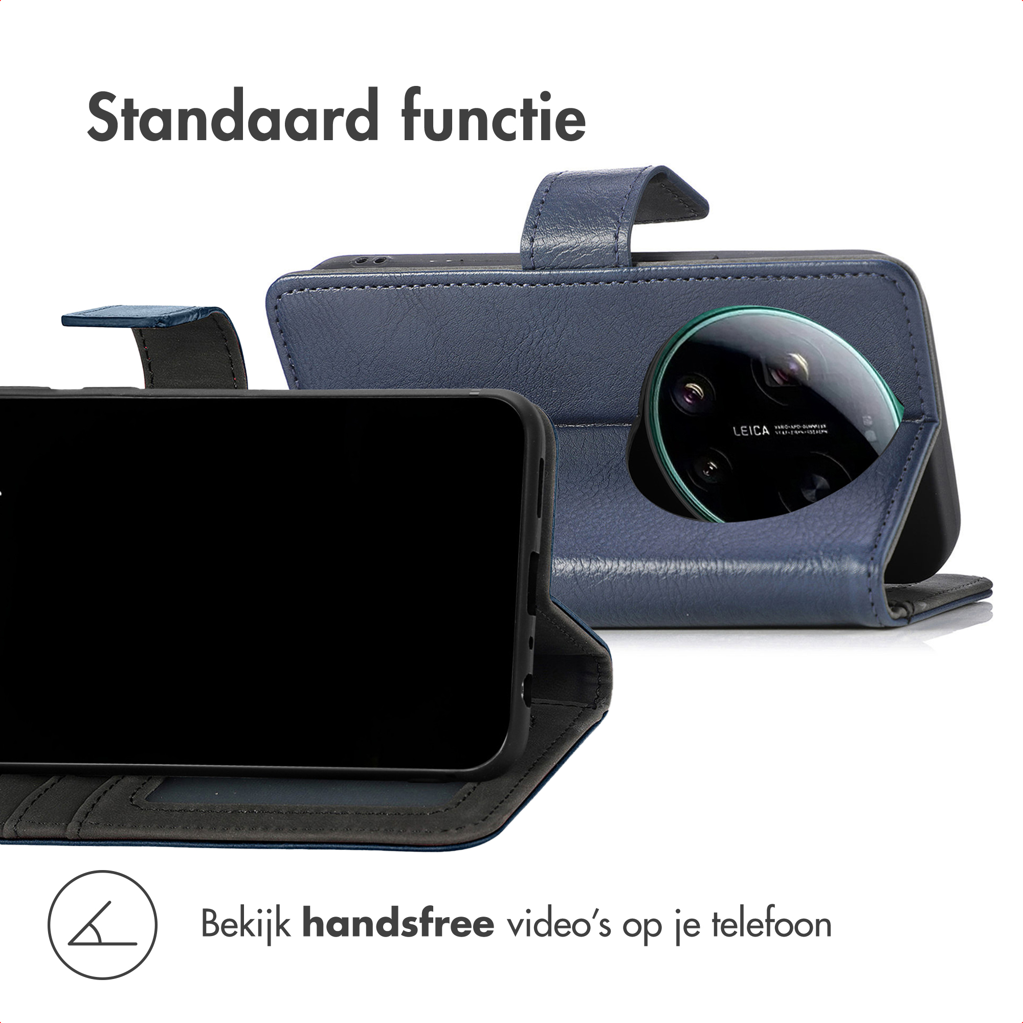 Een blauwe telefoonhoes met standaardfunctie en cameramodule.
