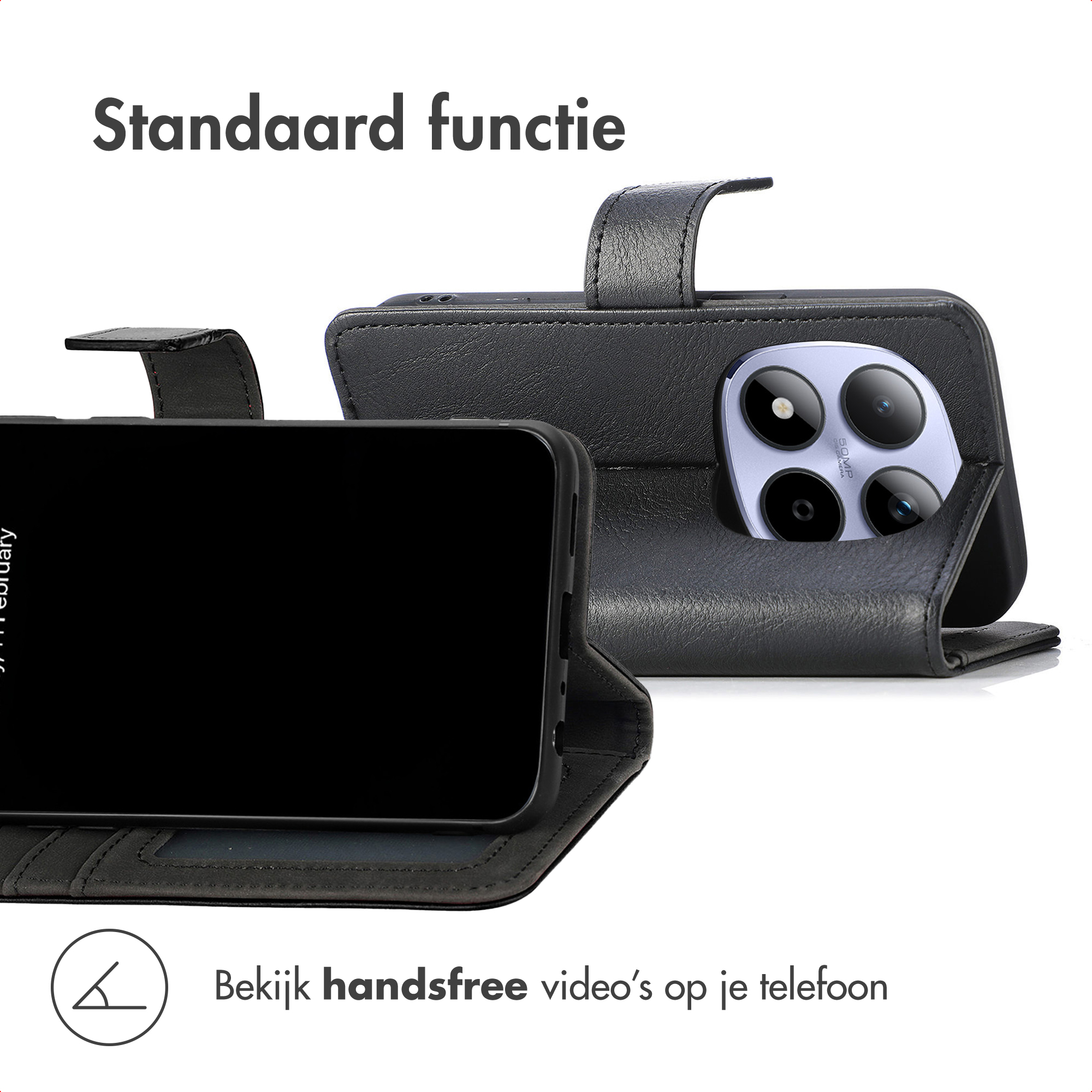 Black phone in a case with camera lenses. Text: Standard function.