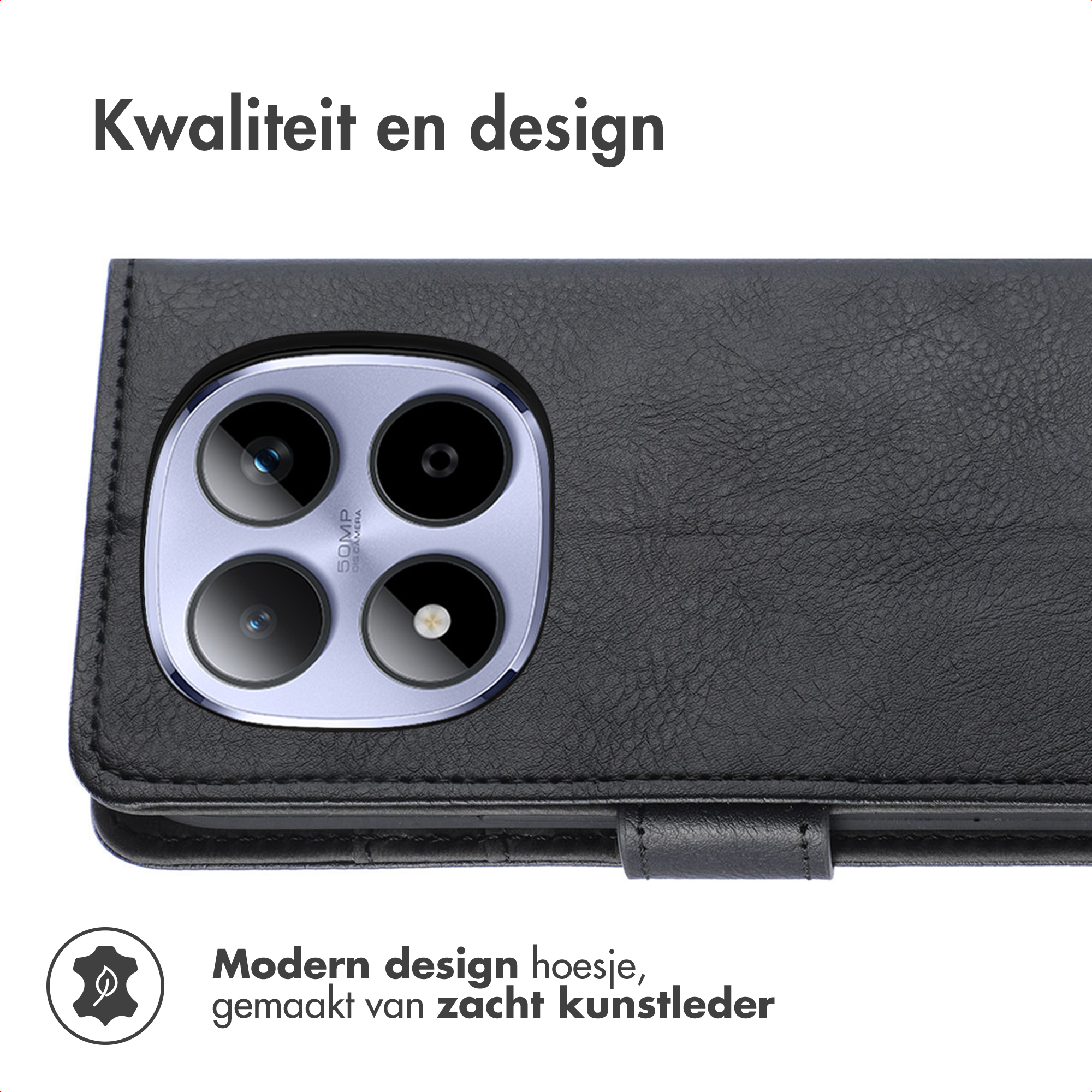 Black faux leather phone case with camera opening. "Quality and design".