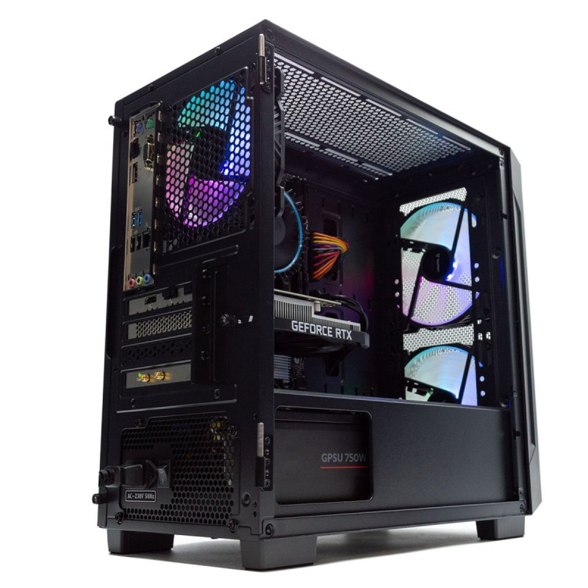 Case PC nero con pannello laterale aperto, ventole illuminate e scheda grafica RTX.