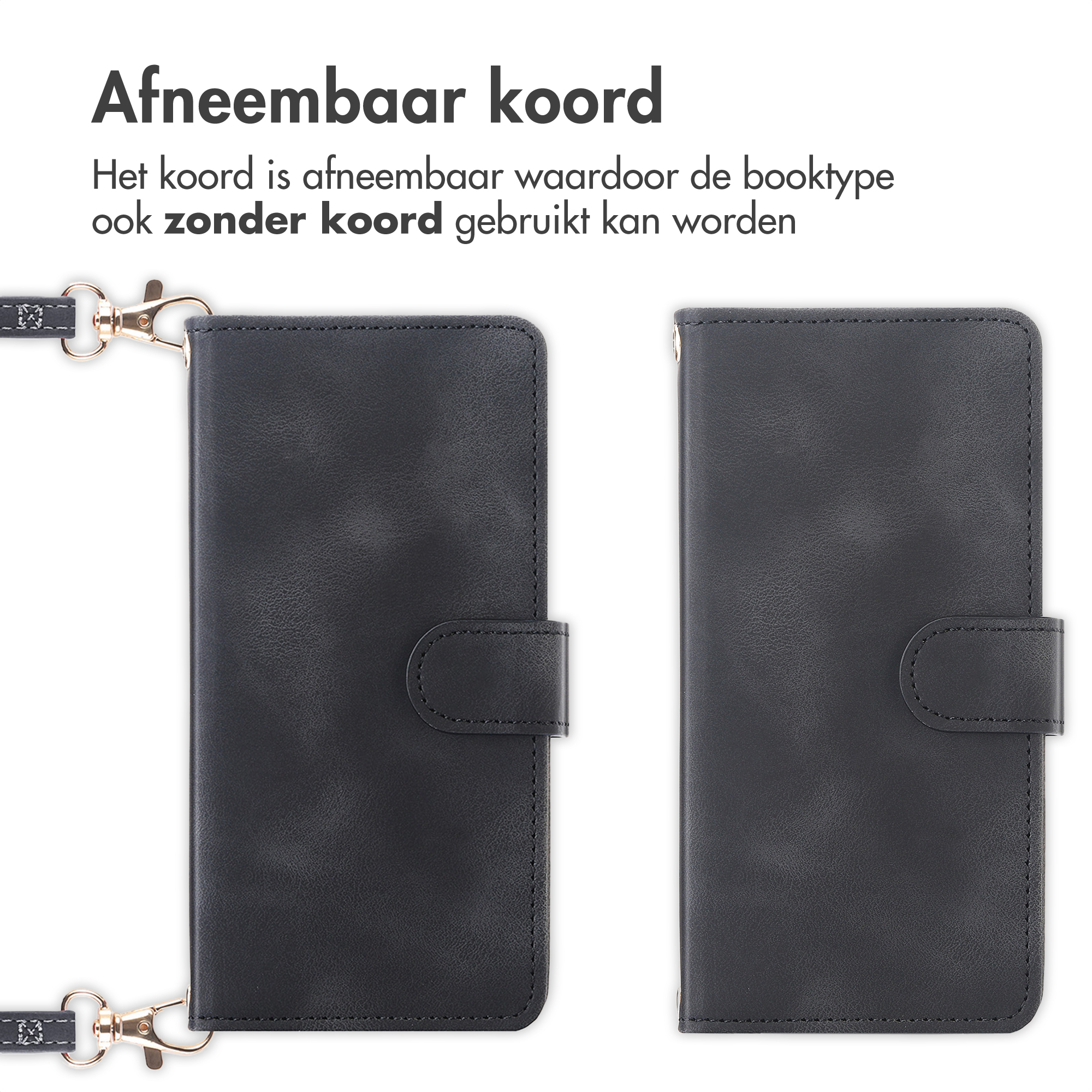 Zwarte telefoon portemonfee met afneembare riem, voor- en achterkant.