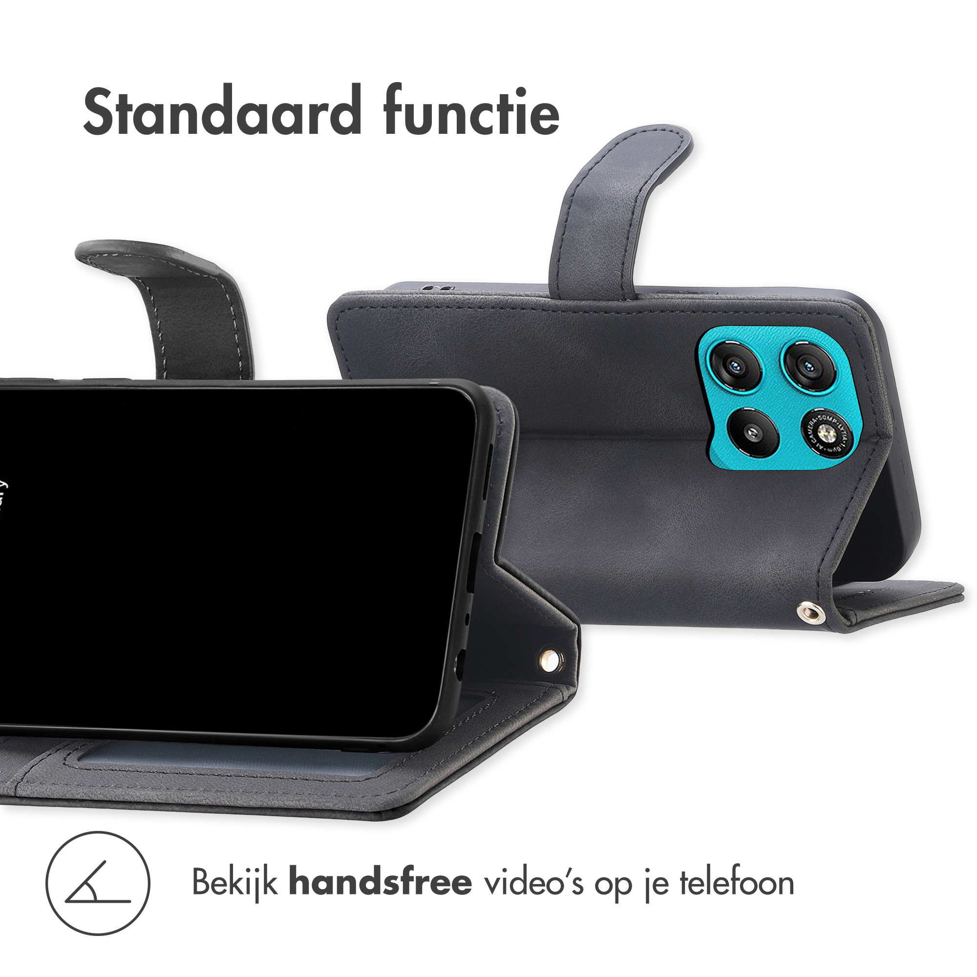 Grijze flip telefoonhoes met standaardfunctie en vier camera's.