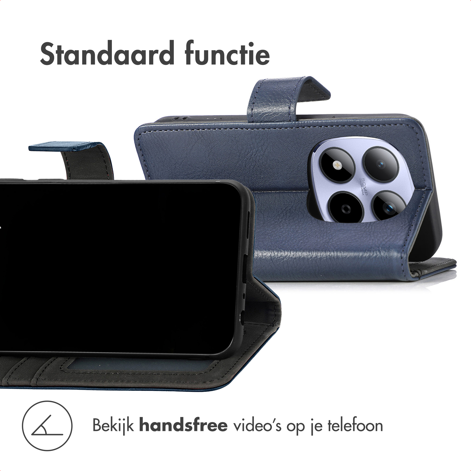 A blue leather phone case with camera module and stand function shown.