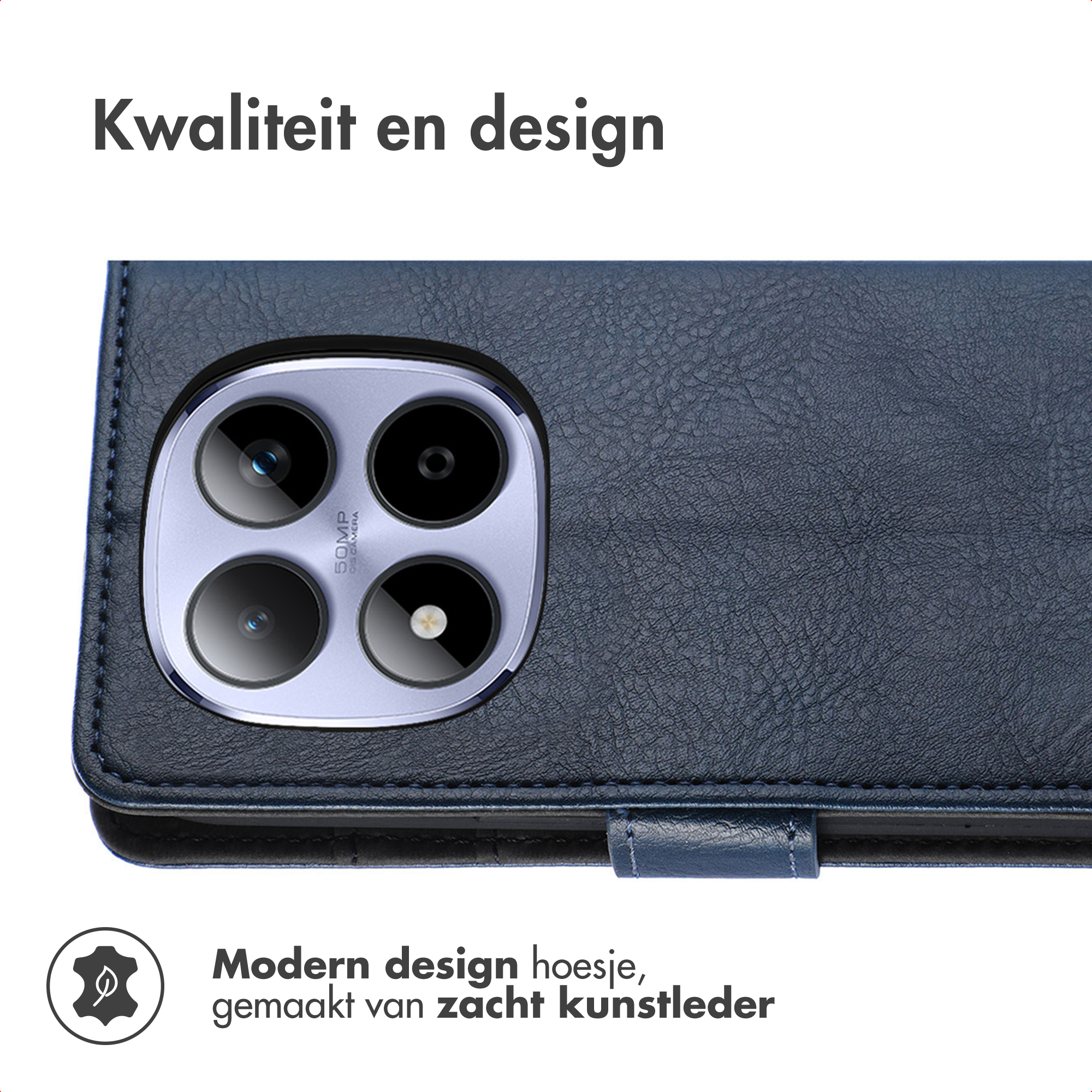 Dark blue faux leather phone case with camera module and text.