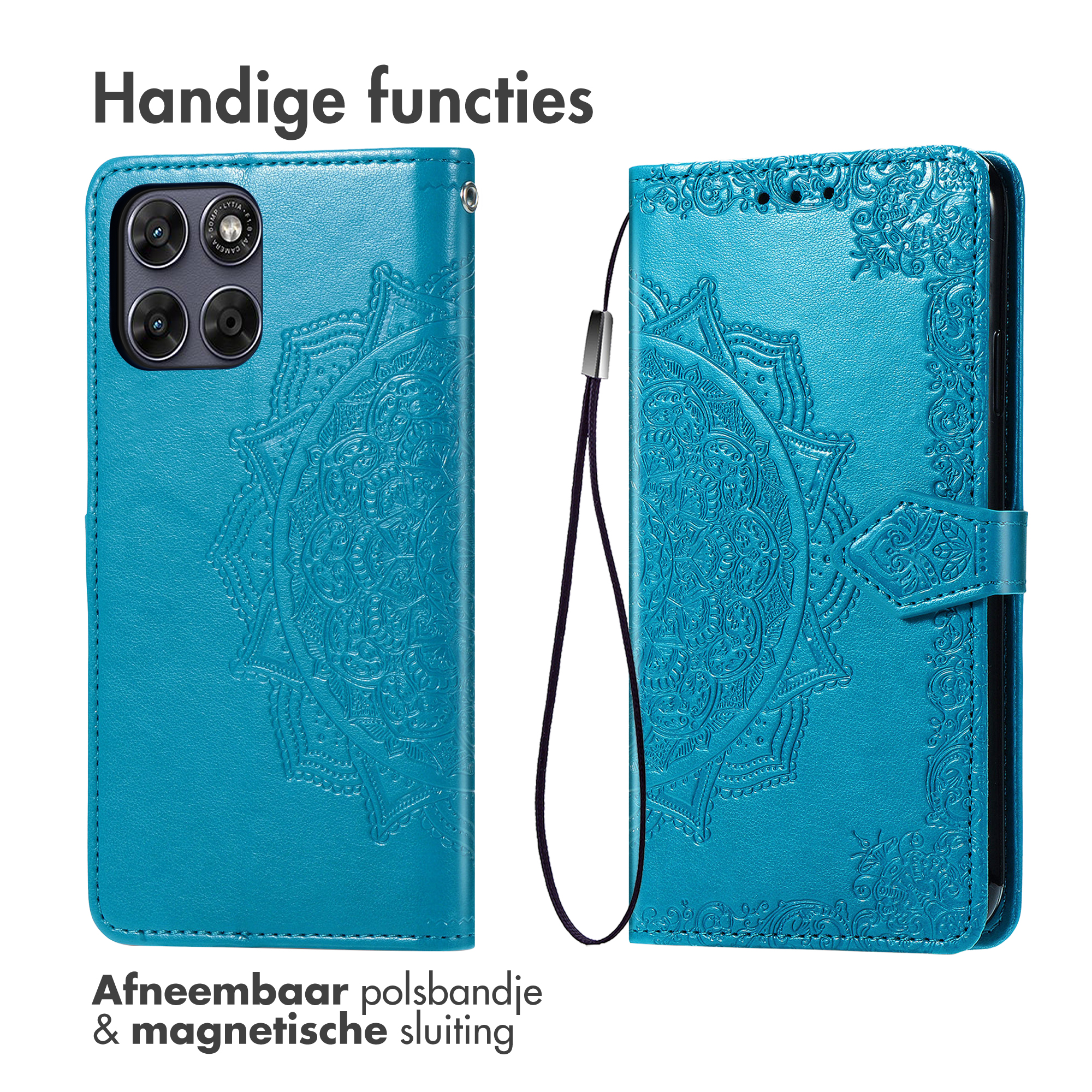 Een blauwe telefoonhoes met mandala-reliëf, open en gesloten getoond.