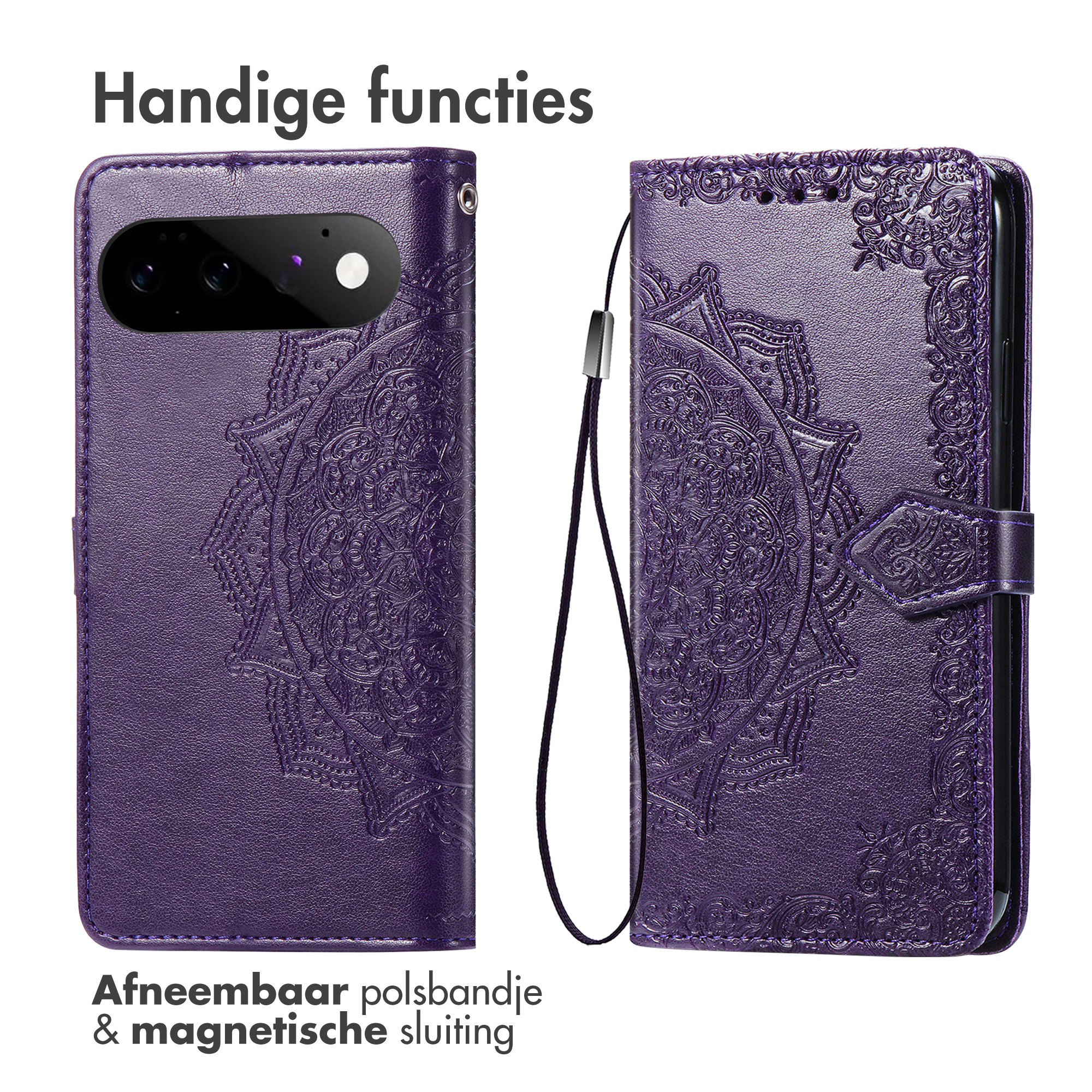 Custodia viola per telefono con mandala in rilievo e cinturino.