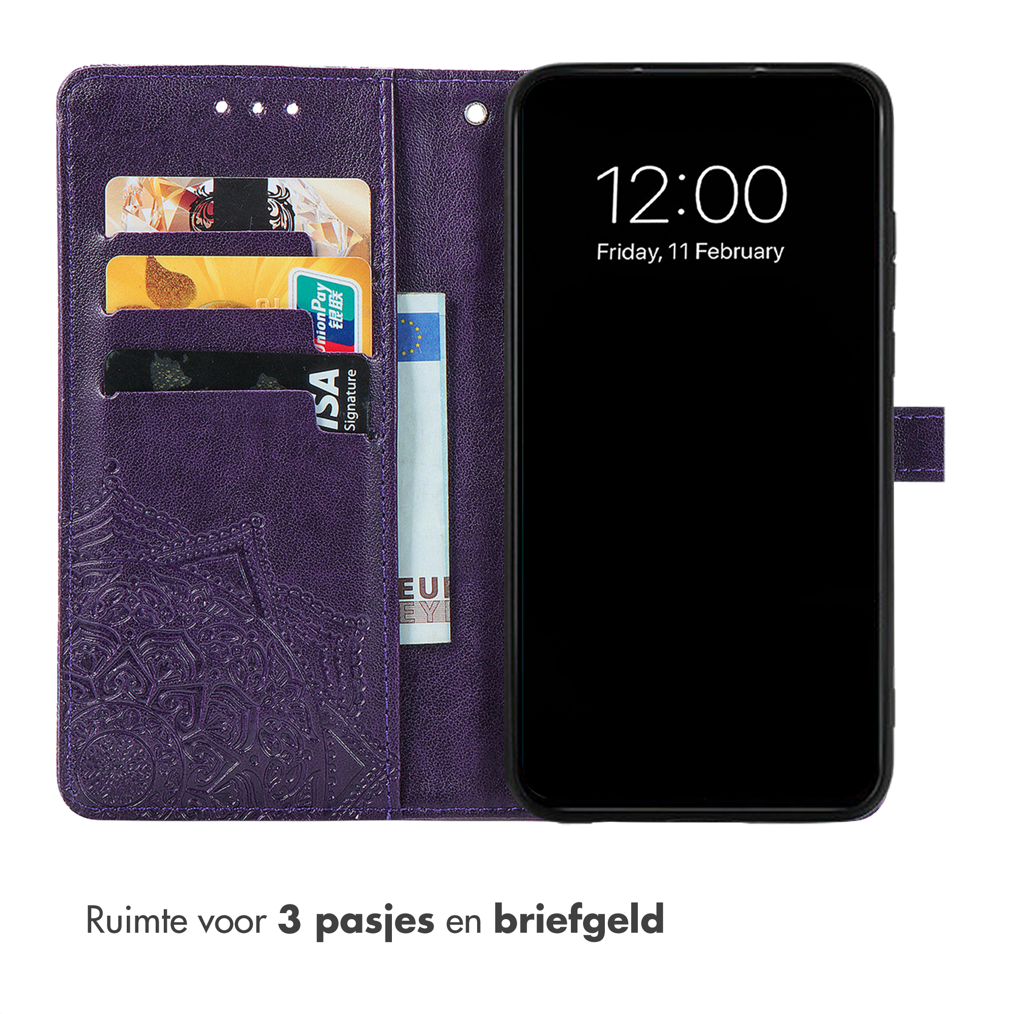 Custodia viola per telefono con slot per carte e ora.