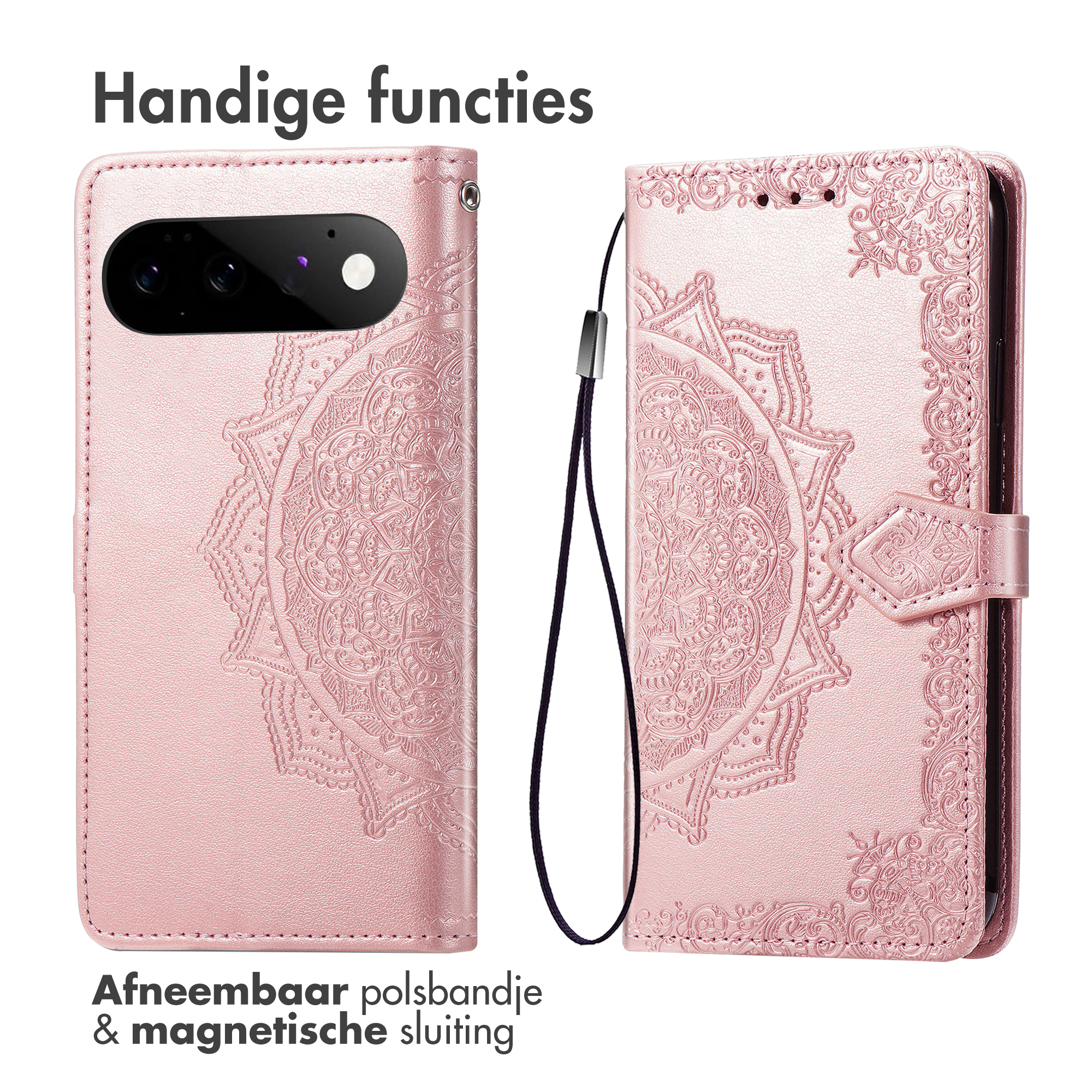 Custodia rosa per telefono con design mandala in rilievo e cinturino.