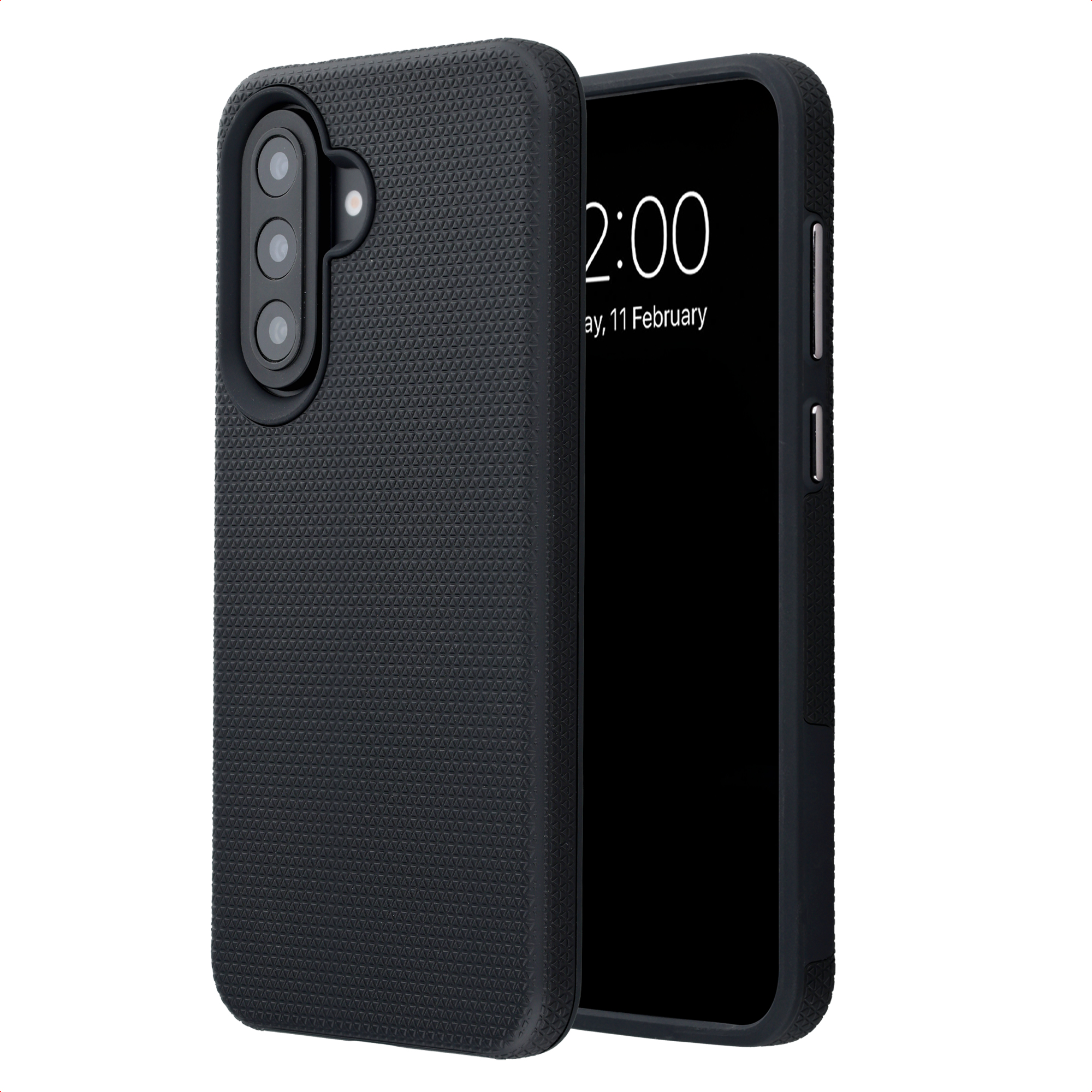 Zwarte telefoonhoes met driehoekspatroon en drie cameralenzen. Telefoon links.
