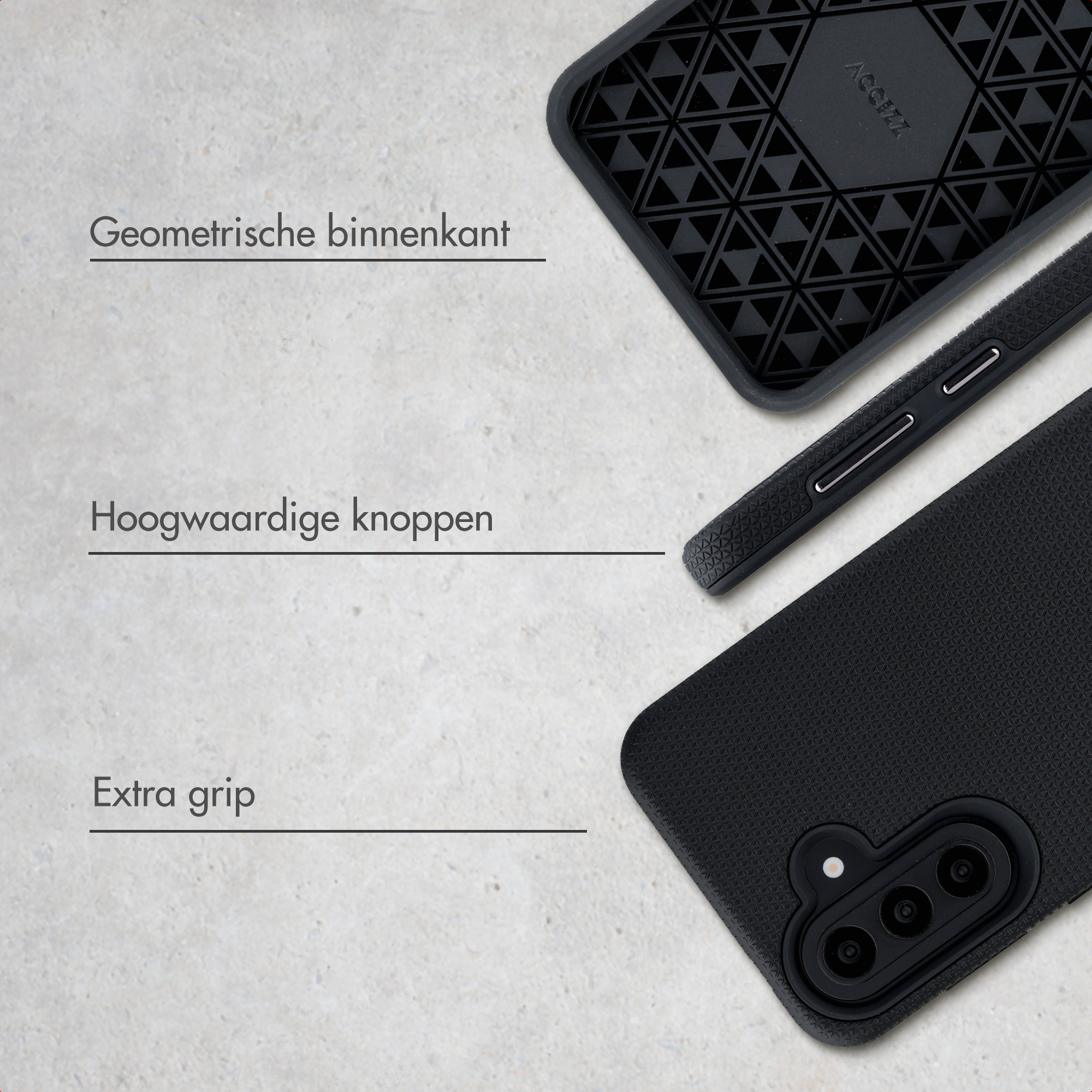 Zwarte telefoonhoes met geometrisch patroon, knoppen en camera-opening.