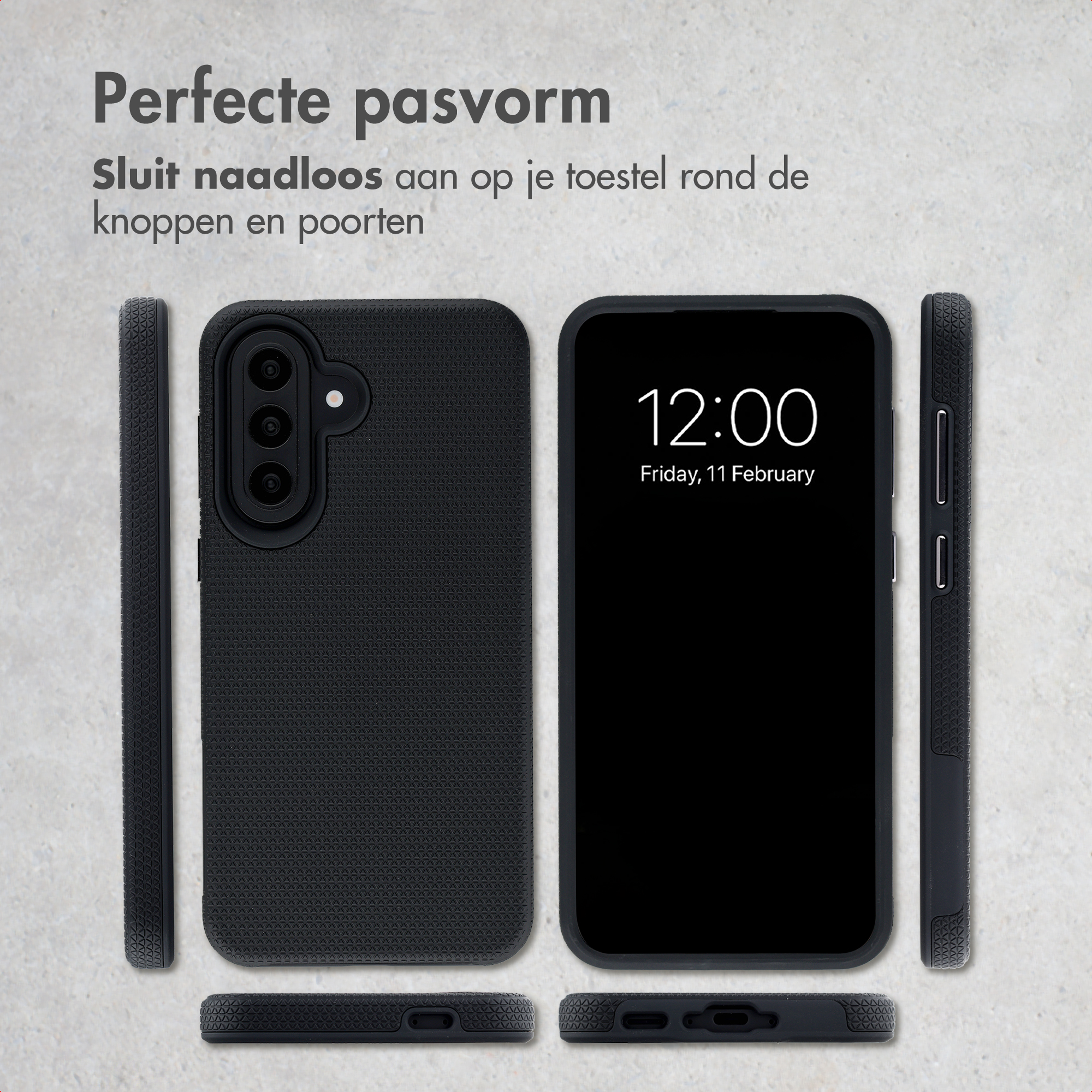 Zwarte telefoonhoes met scherm toont 12:00. Meerdere weergaven.
