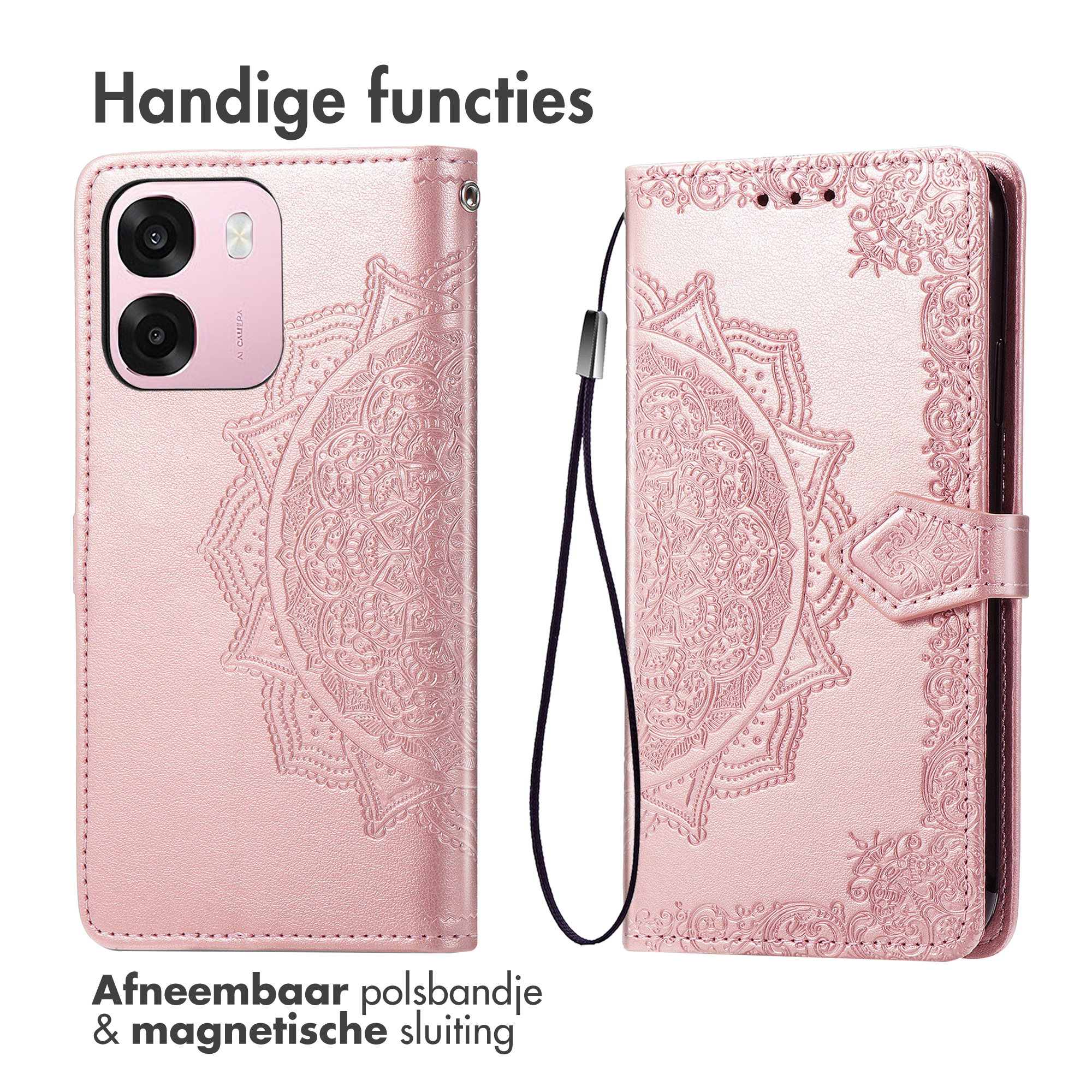 Een roze telefoonhoes met mandala-reliëf en afneembare band.