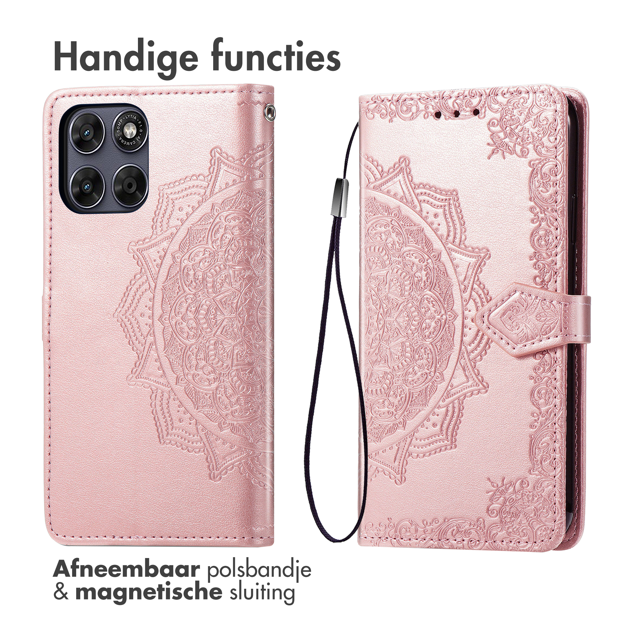 Een roze telefoonhoes met een mandala-patroon en afneembare polsband.