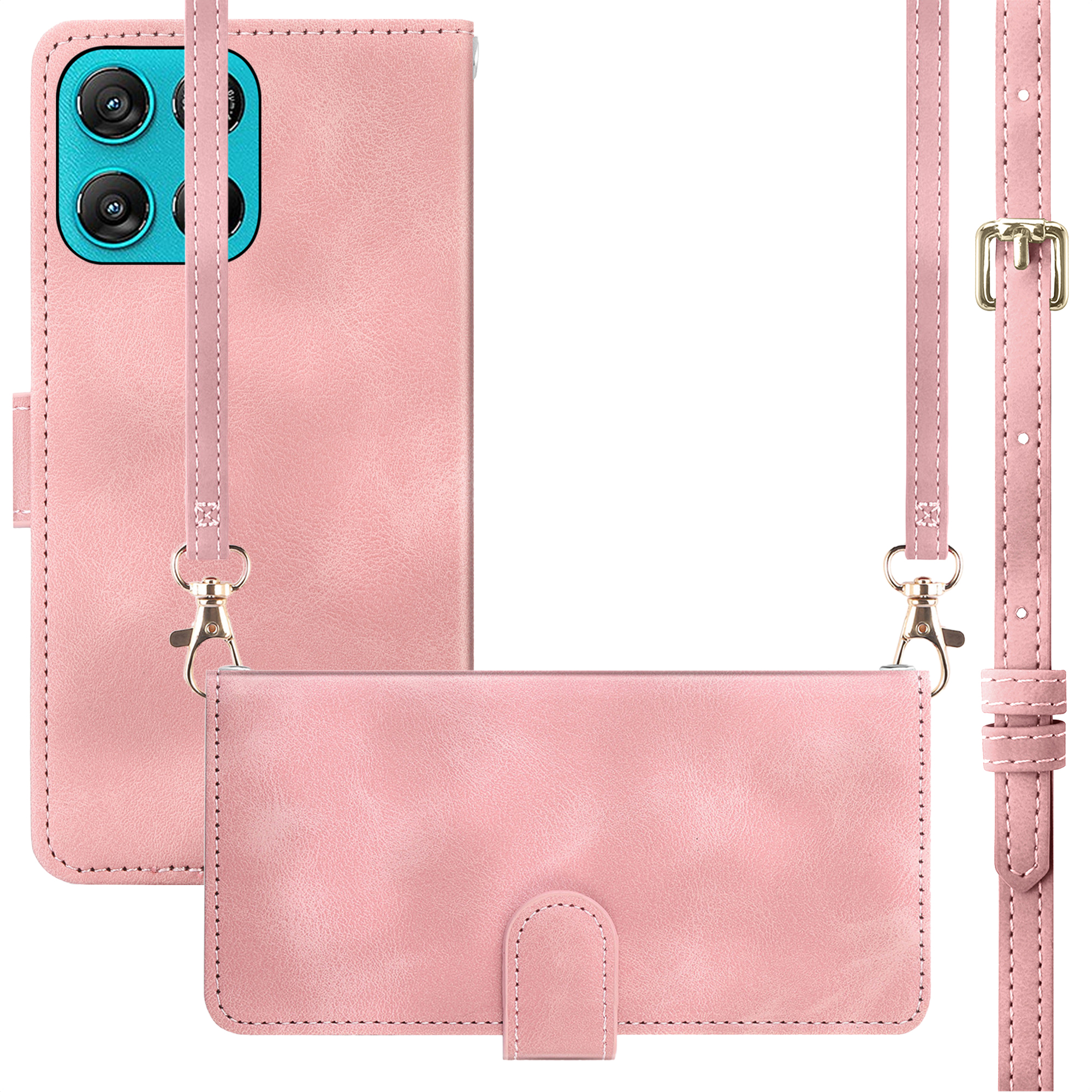 Roze telefoonhoesje met vier camera's en een schouderband.