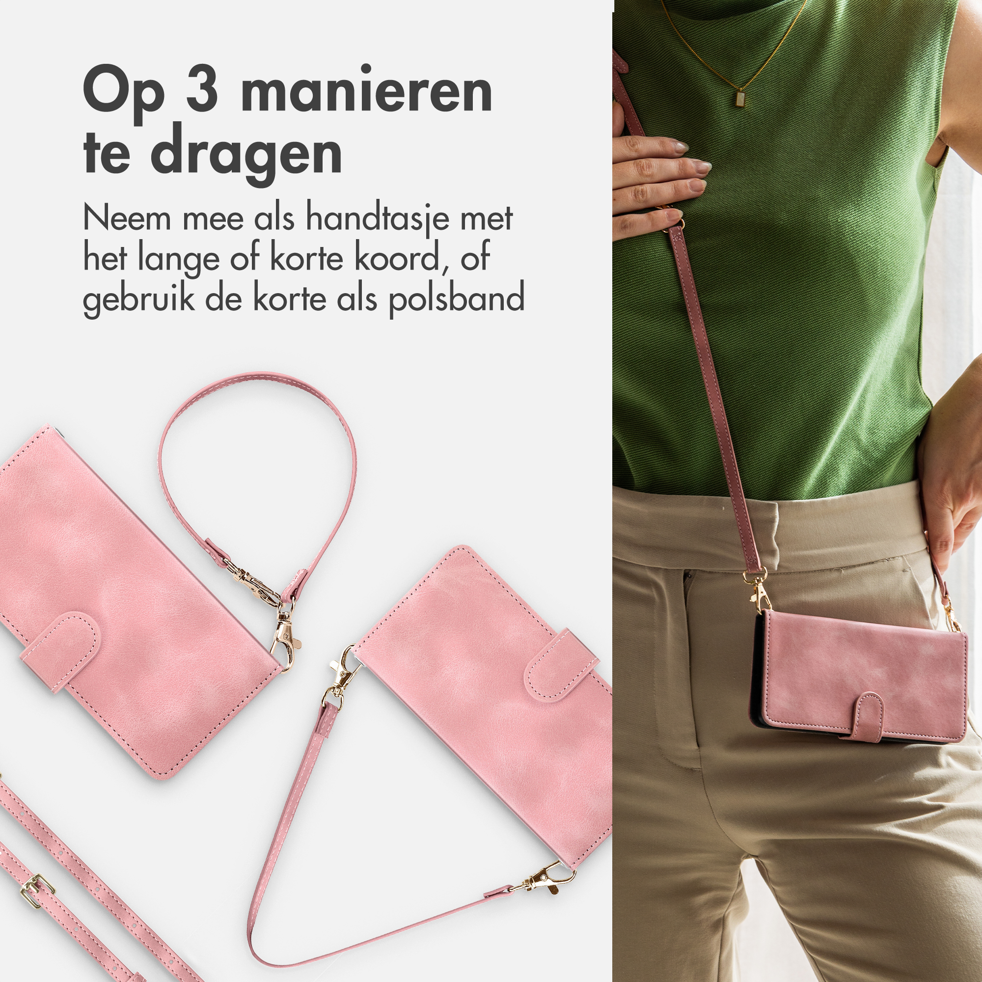 Twee roze telefoonhoesjes met afneembare riemen, één gedragen door een persoon.