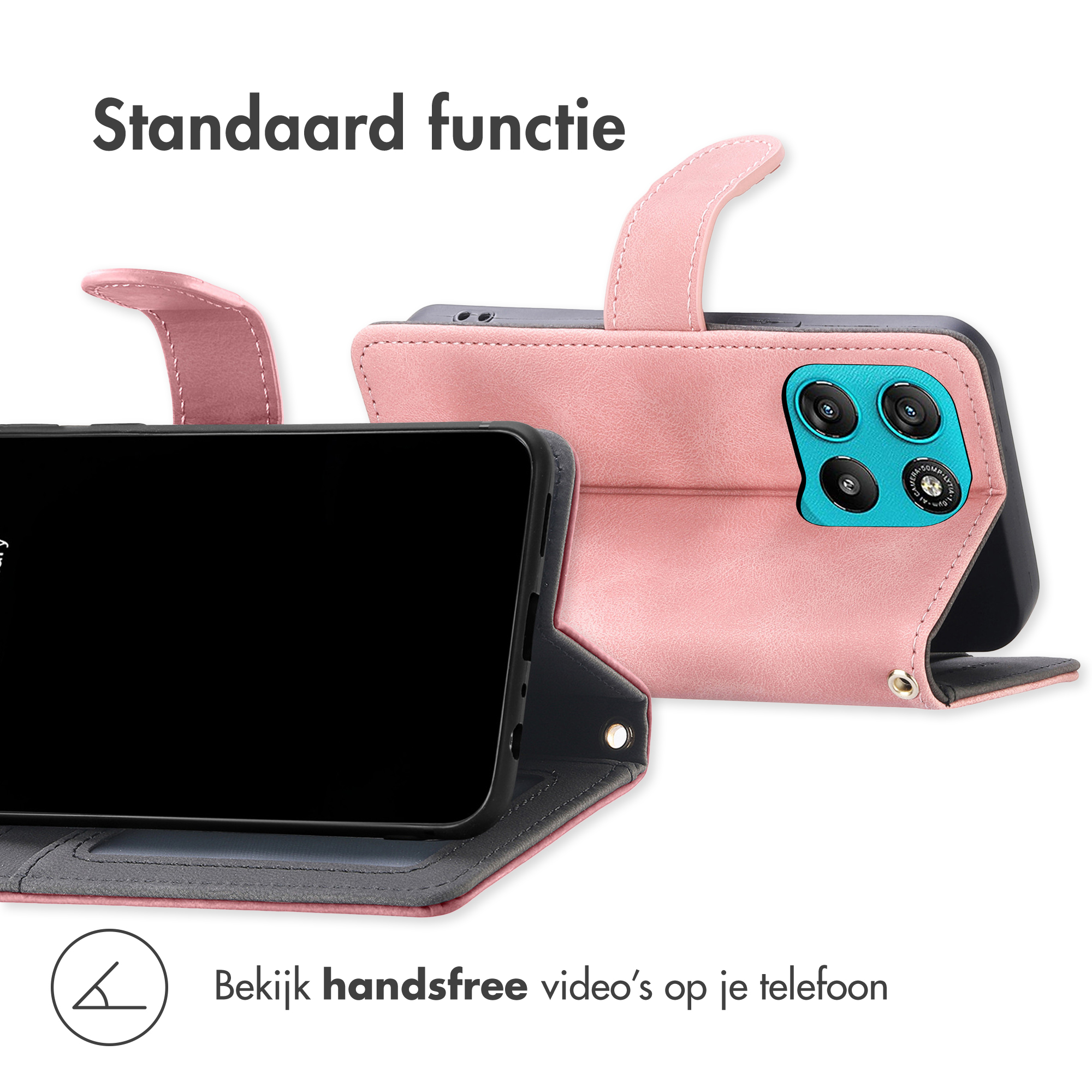 Een roze telefoonhoesstandaard met telefoon en camera.