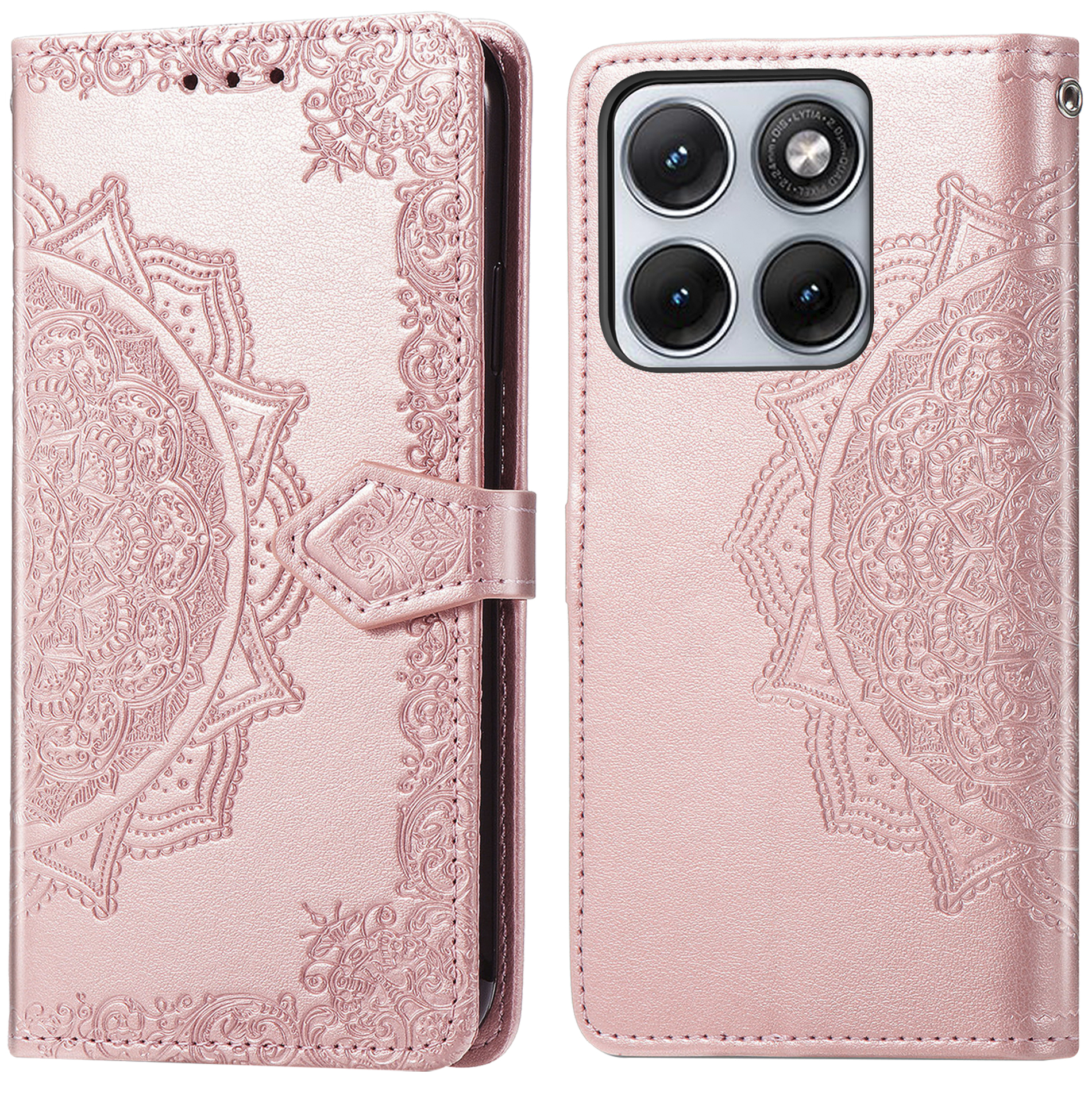 Roze telefoonhoes met reliëf mandala patroon en camera-uitsparing.