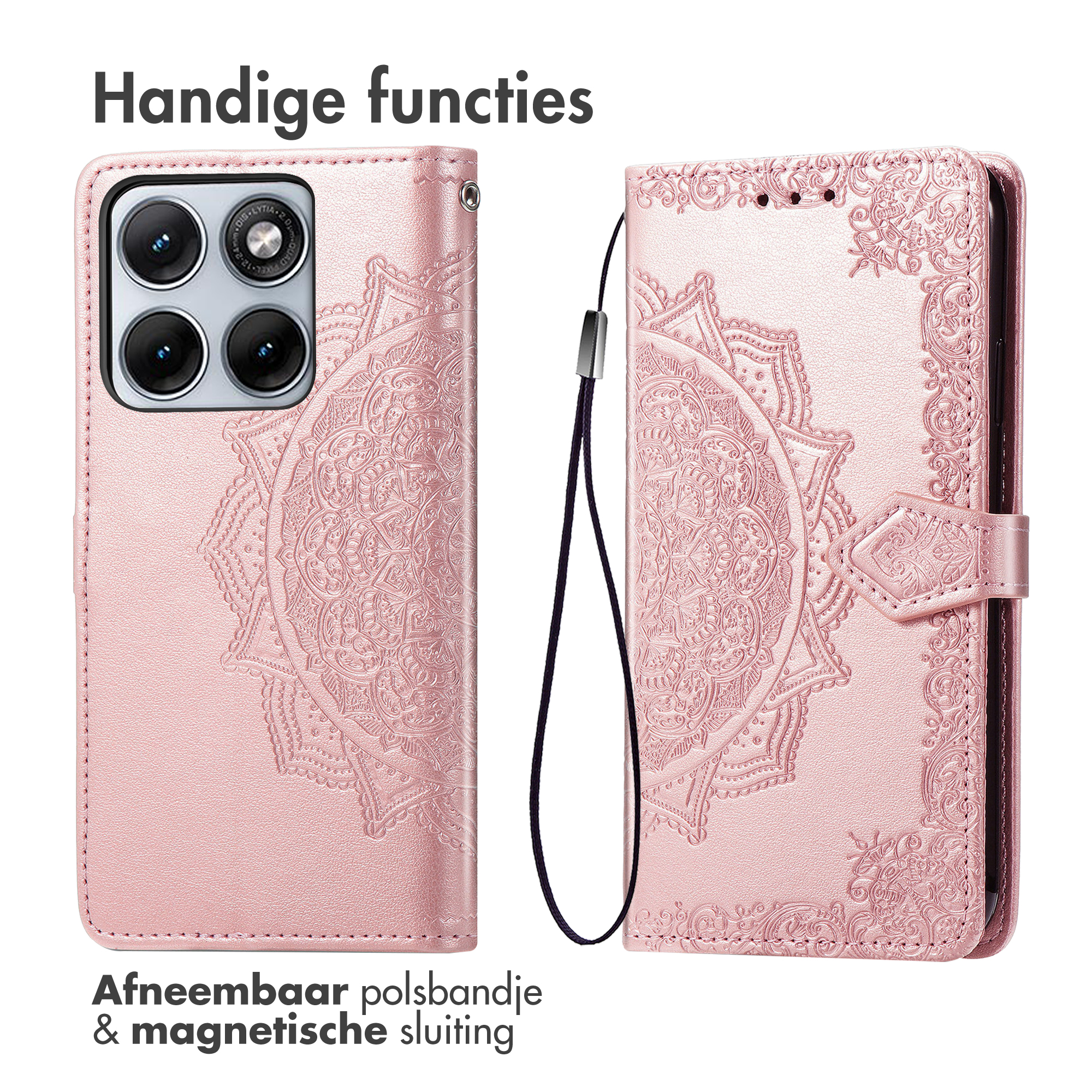 Roze telefoonhoes met reliëf mandala, afneembare polsband en magnetische sluiting.