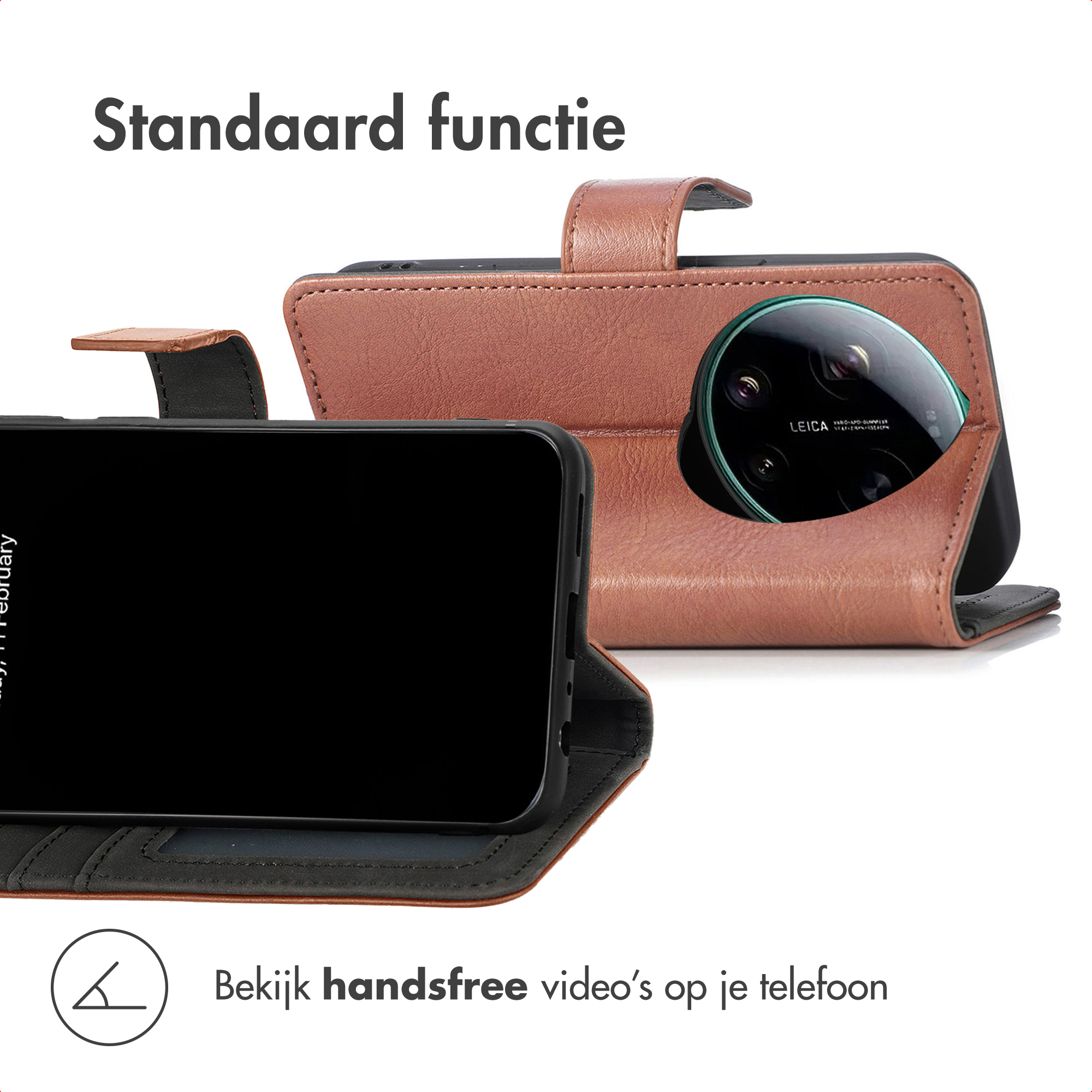 Bruine lederen portemonnee hoes met telefoon en lens.