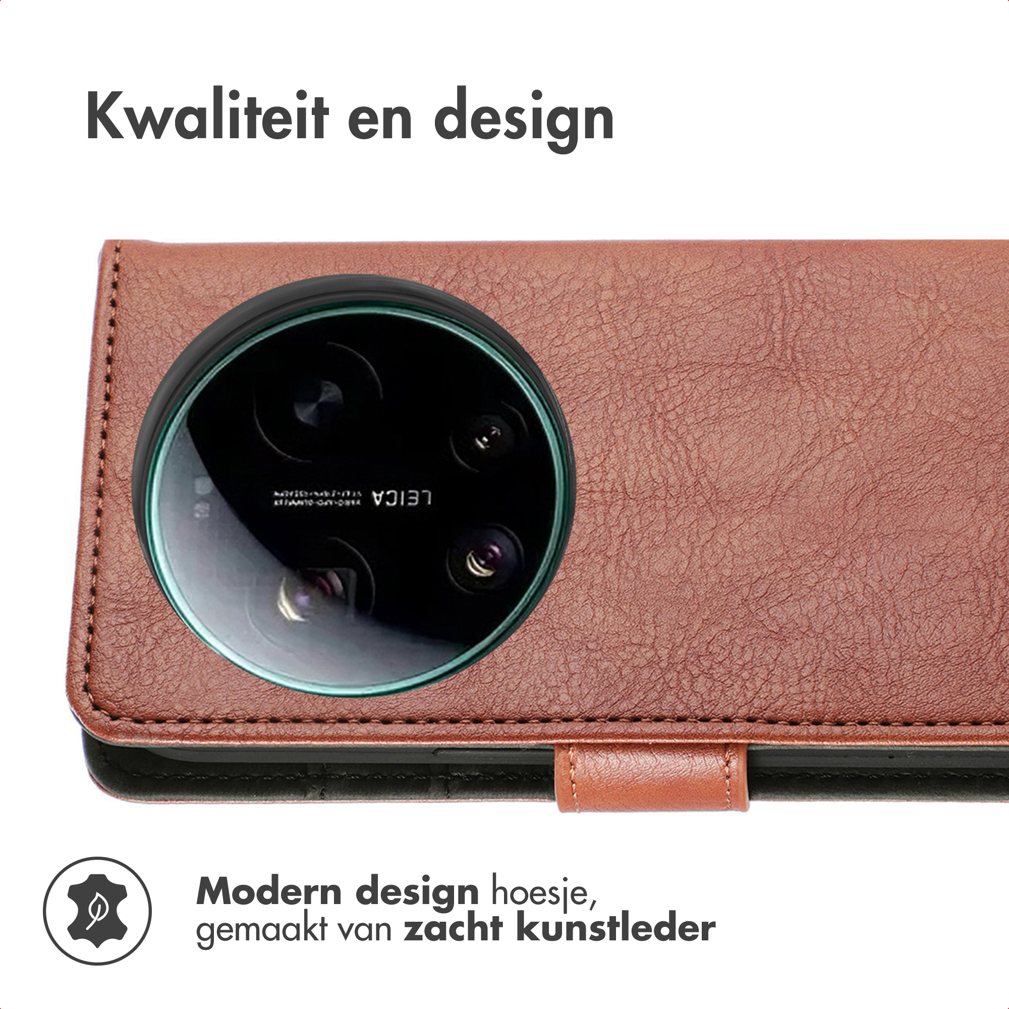 Bruine lederen telefoonhoes met Leica camera. Modern design.