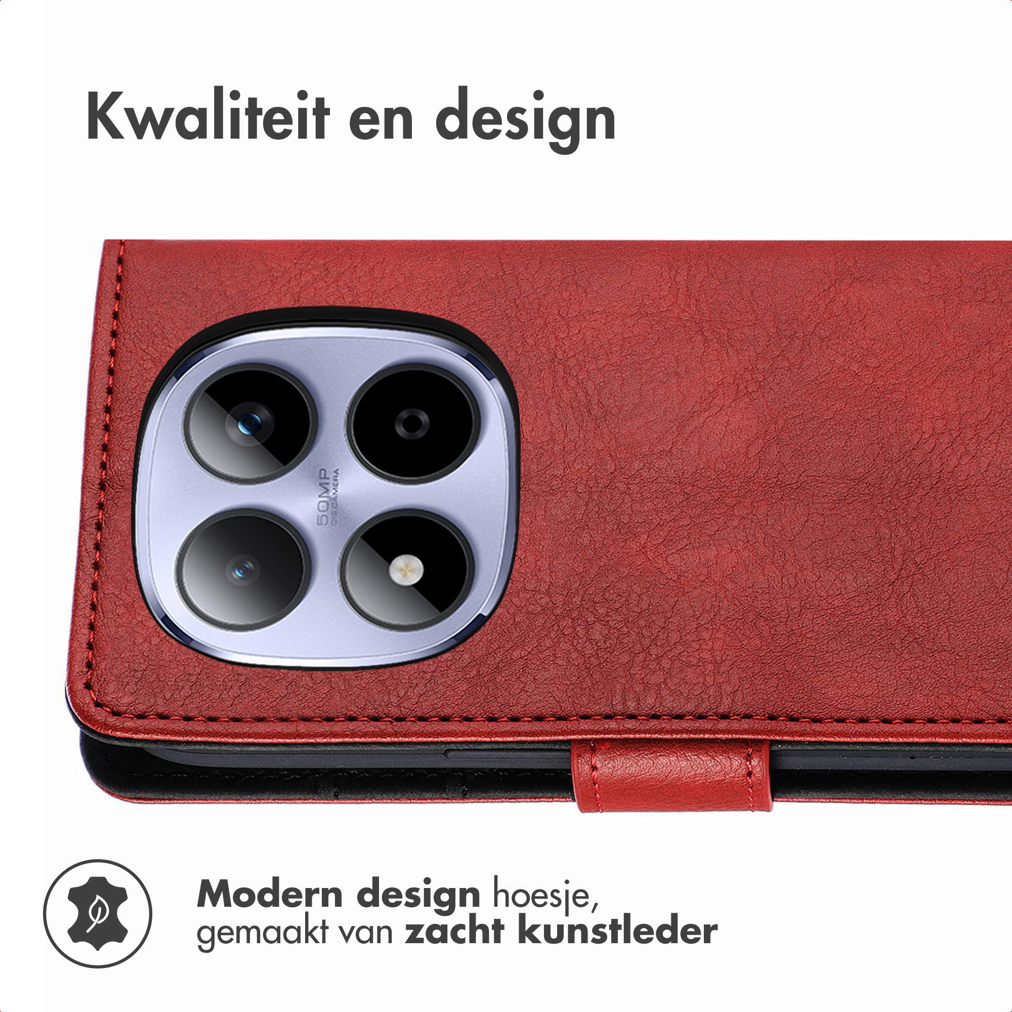 Red leather case with camera module and text. Sustainable design.
