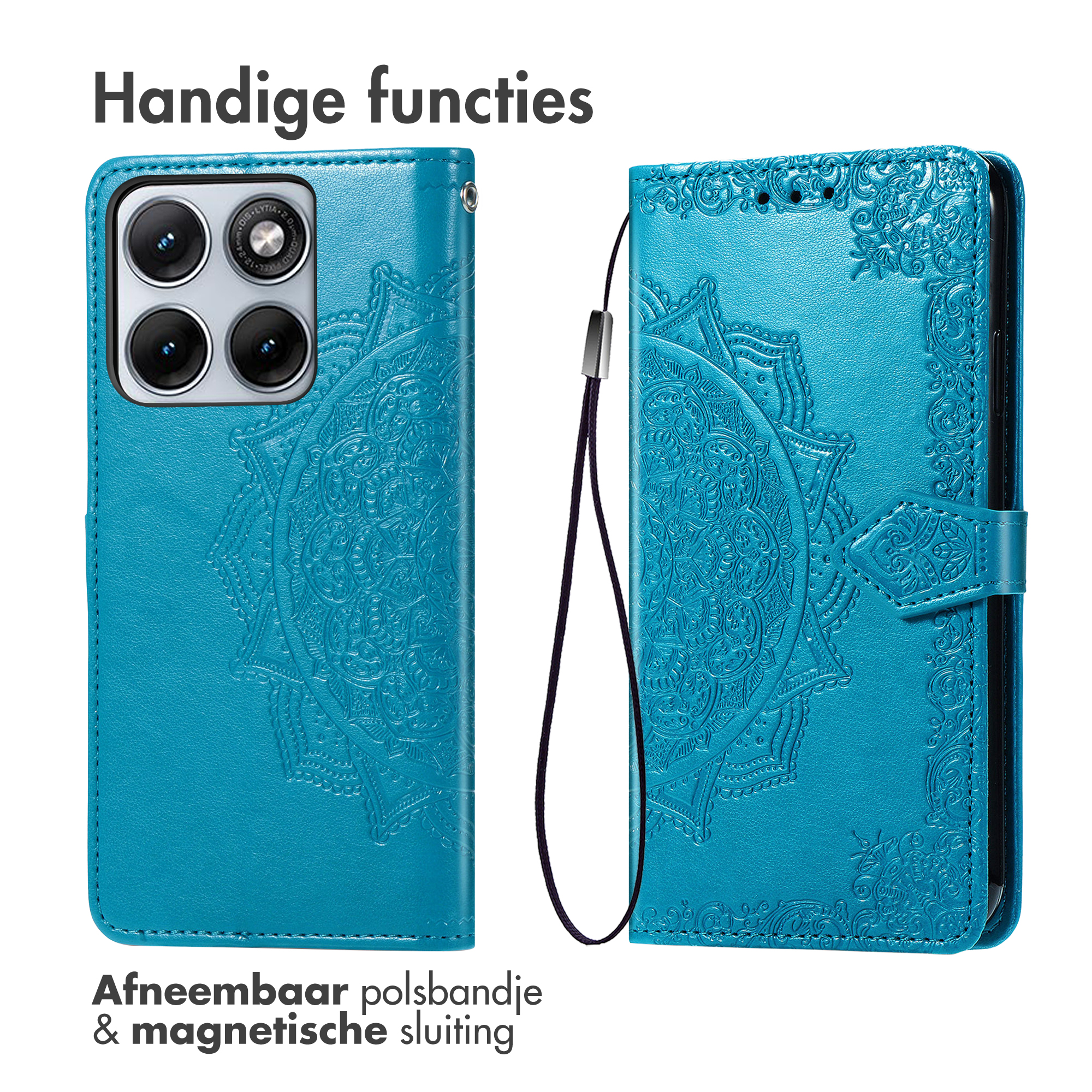 Turquoise telefoonhoes met reliëf mandala en afneembare polsband.