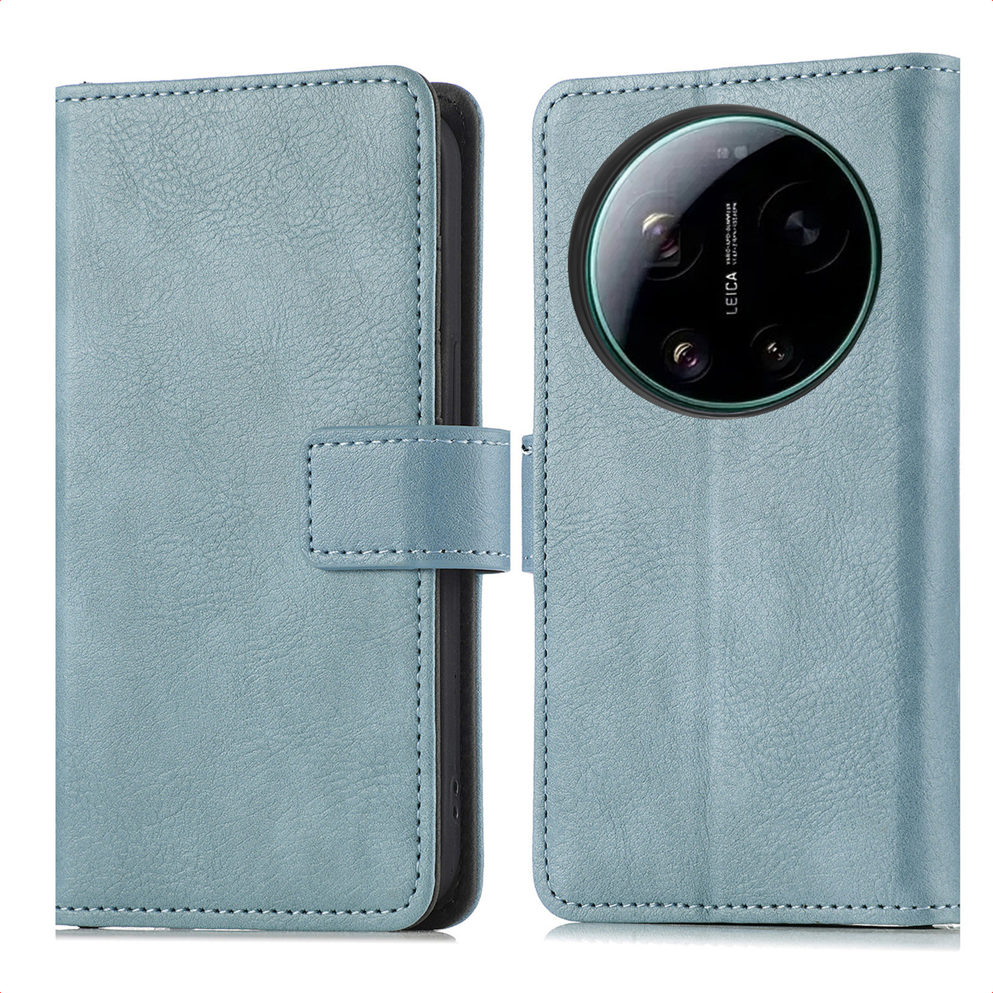 Blauw leren telefoonhoesje met camera-uitsparing en sluiting.