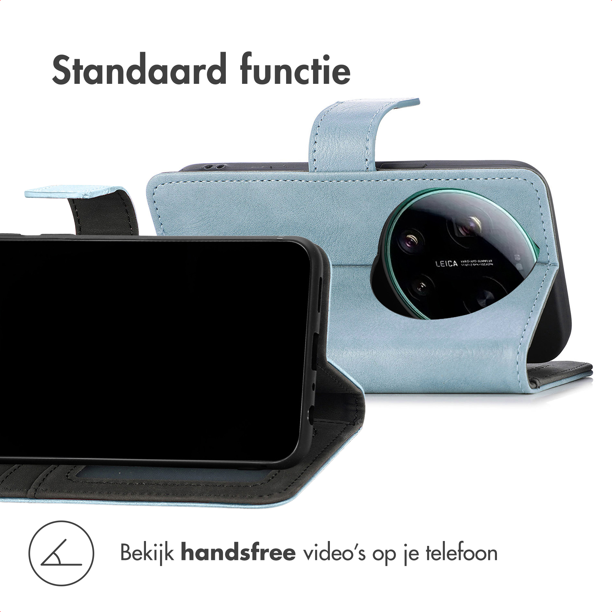 Een lichtblauwe flip telefoonhoes toont een smartphone met Leica camera.