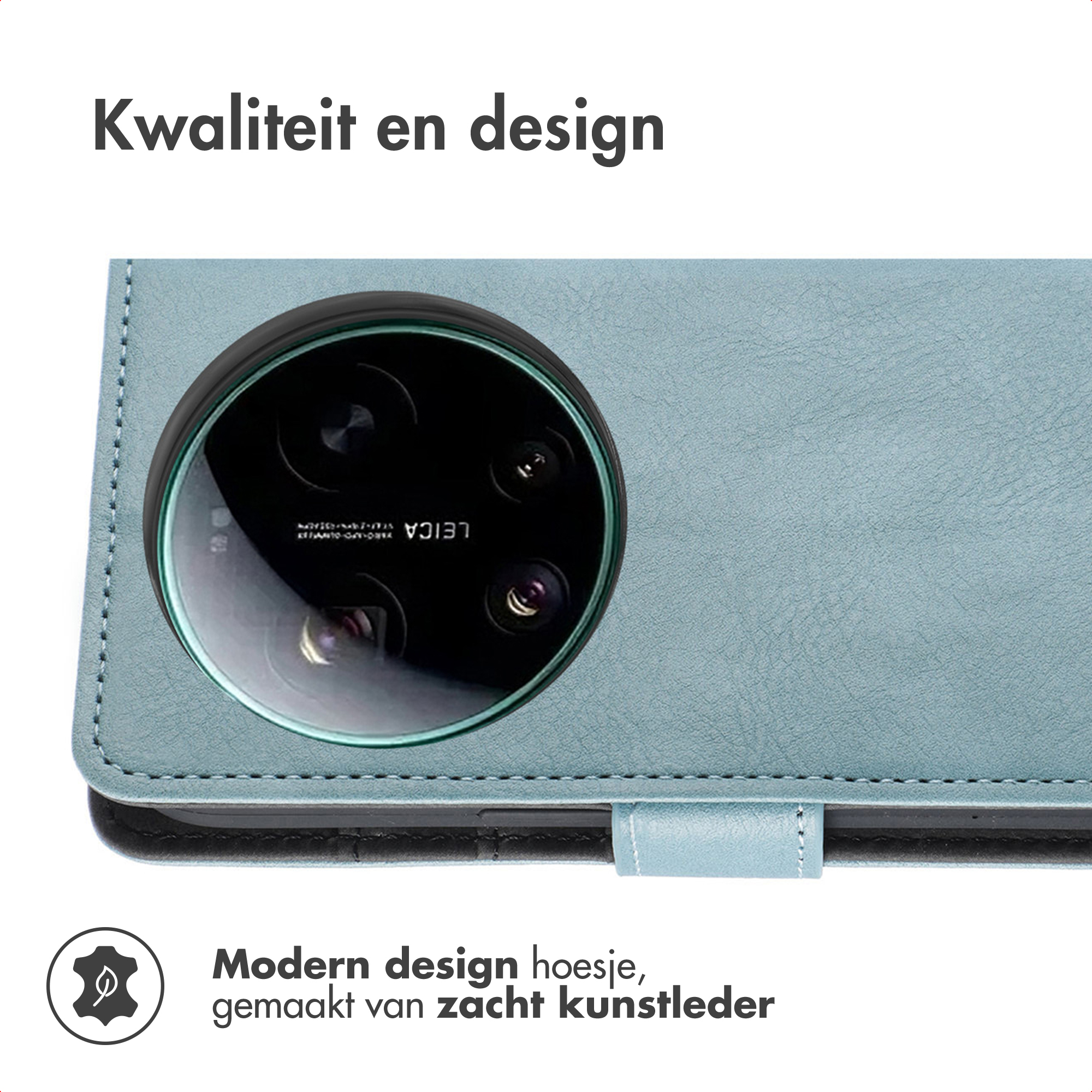 Lichtblauwe kunstleren telefoonhoes met ronde cameralens.