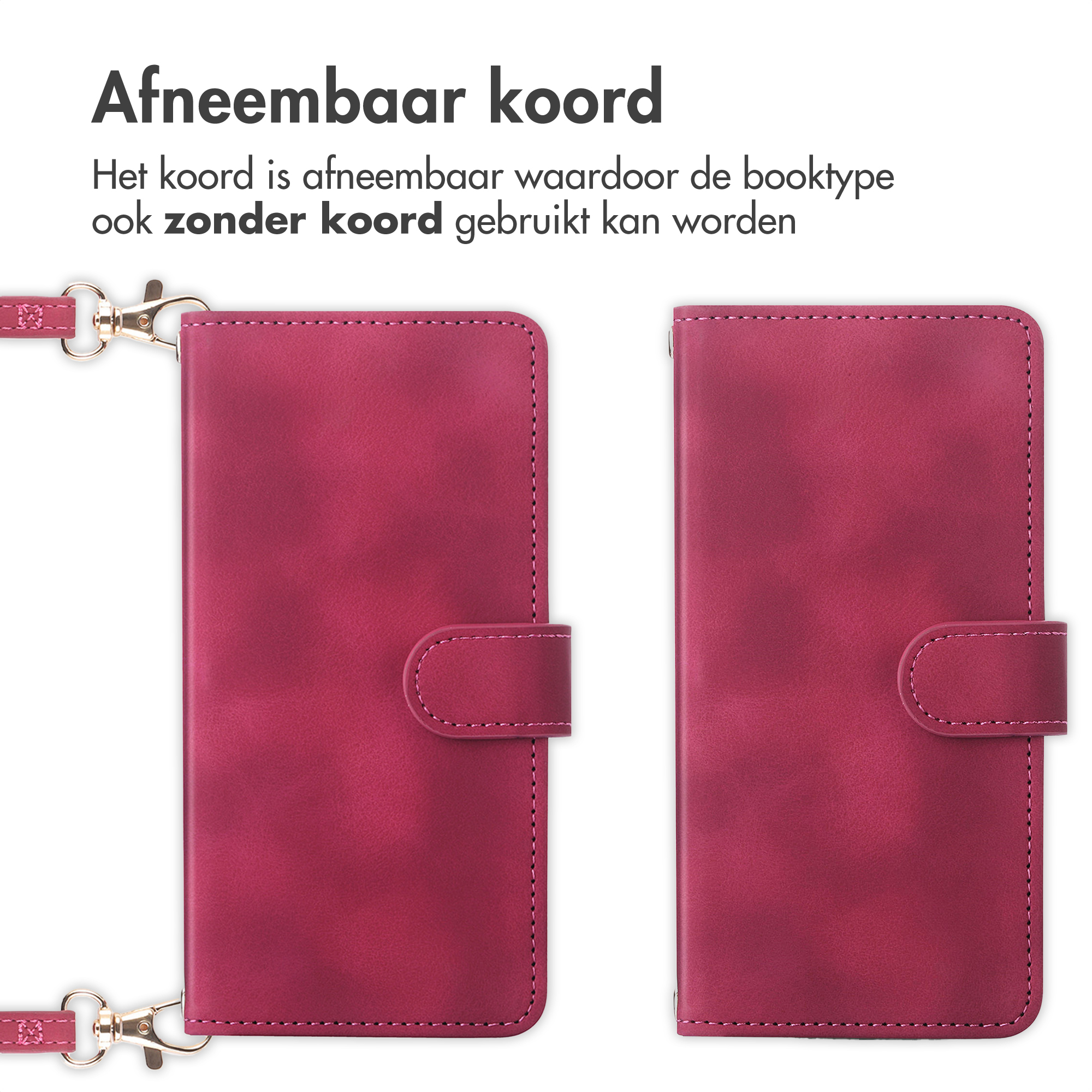 Afneembaar koord aan een rode booktype telefoonhoes.