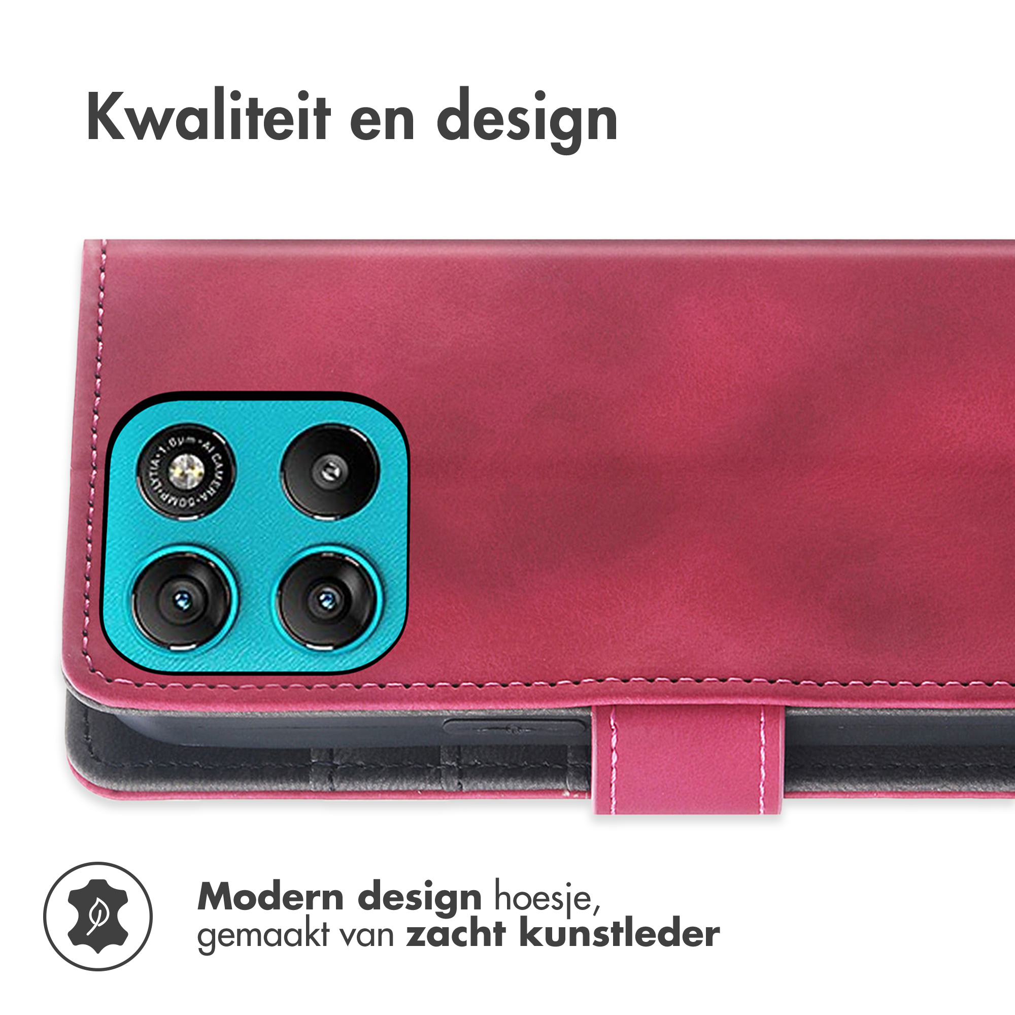 Rood kunstleren telefoonhoesje met quad camera. Kwaliteit en design.