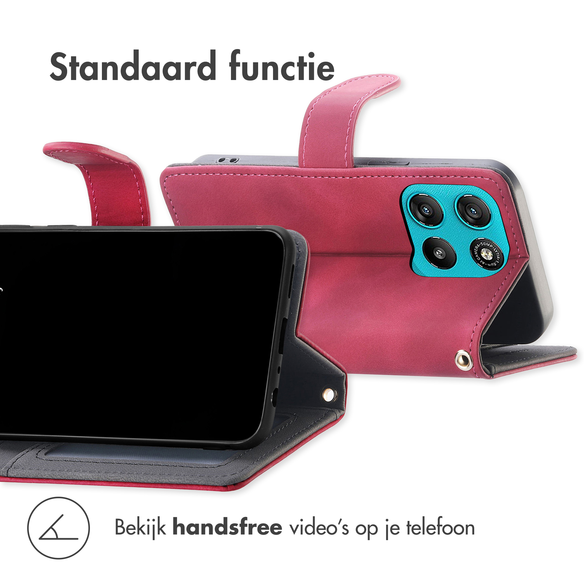 Een roze telefoonhoesje met camera's en een telefoon in landschapmodus.