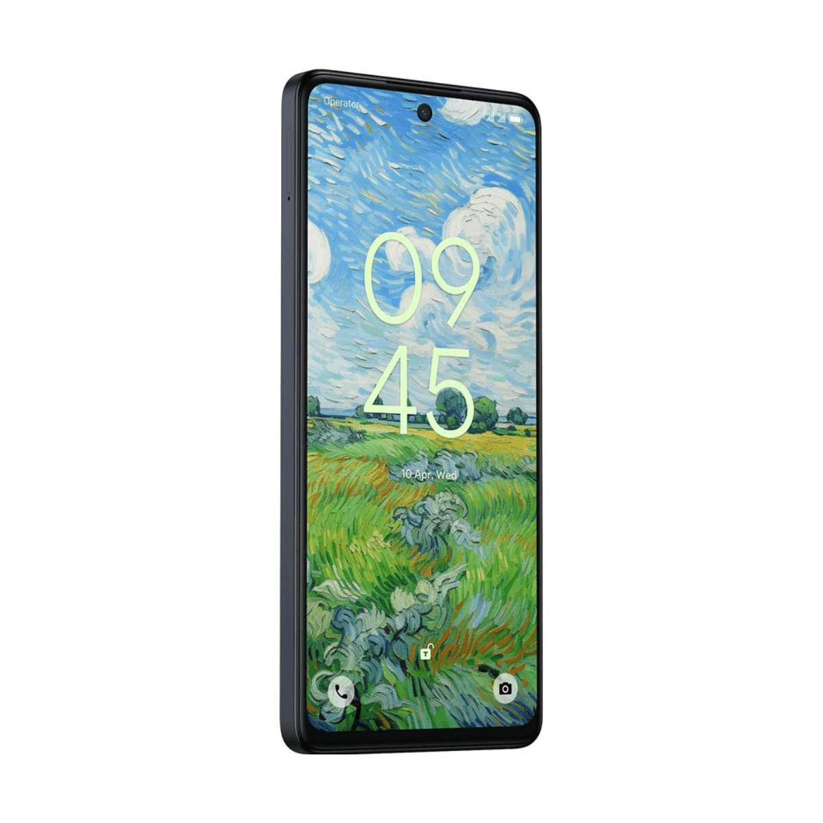 Een donkere smartphone toont 09:45 met een achtergrond in Van Gogh-stijl.